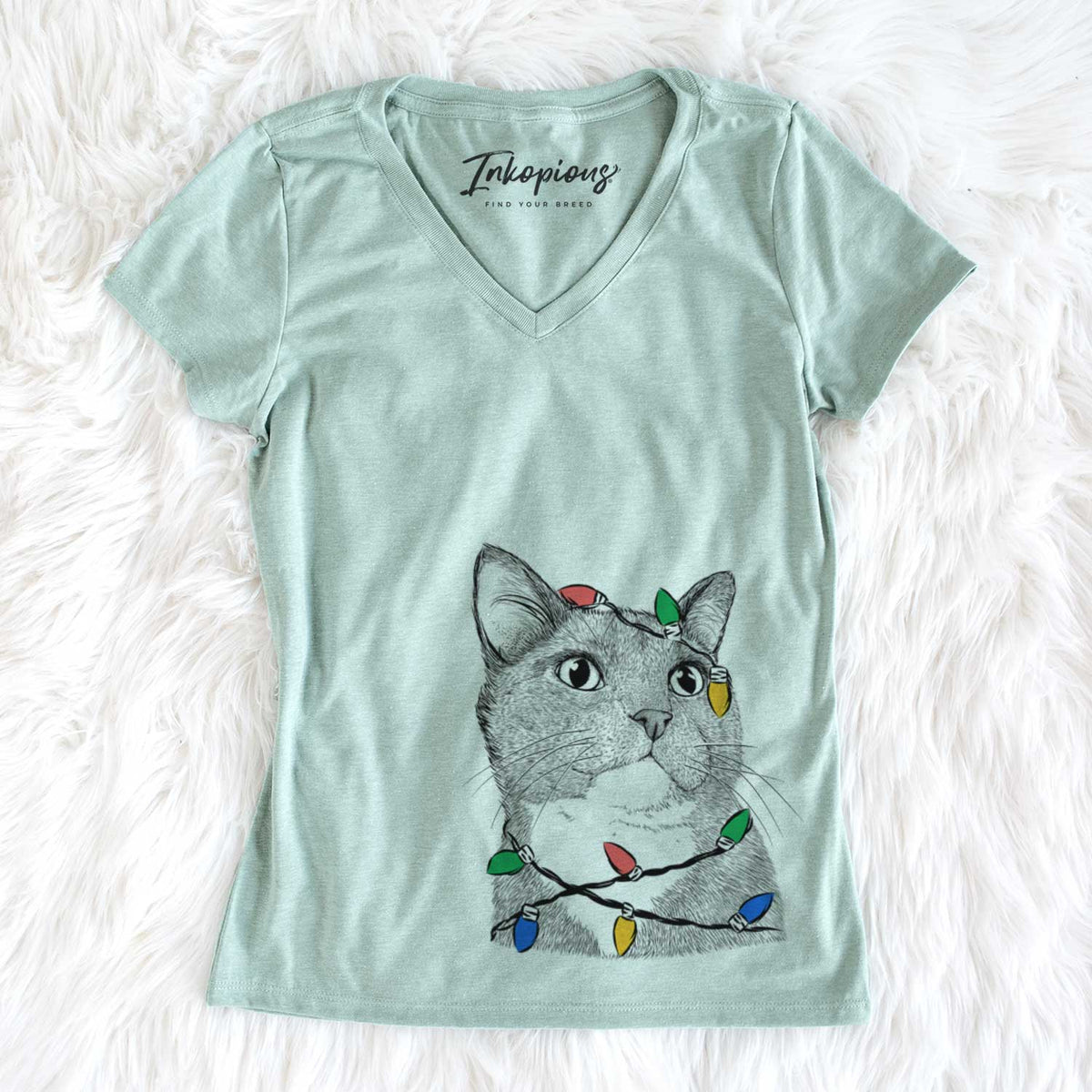 Christmas Lights Gizmo the Grey Cat - Women&#39;s V-neck Shirt