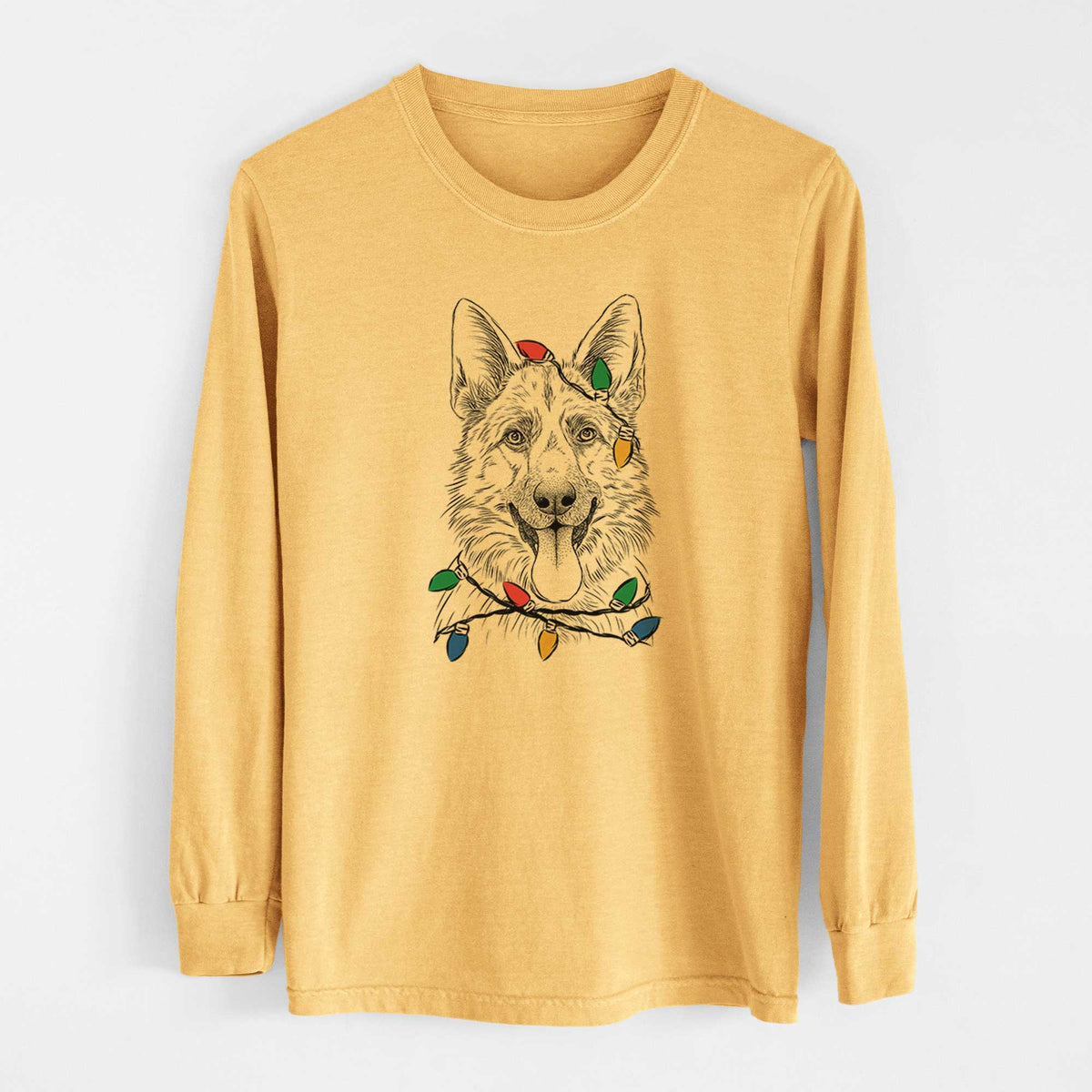 Christmas Lights Grace the German Shepherd - Heavyweight 100% Cotton Long Sleeve