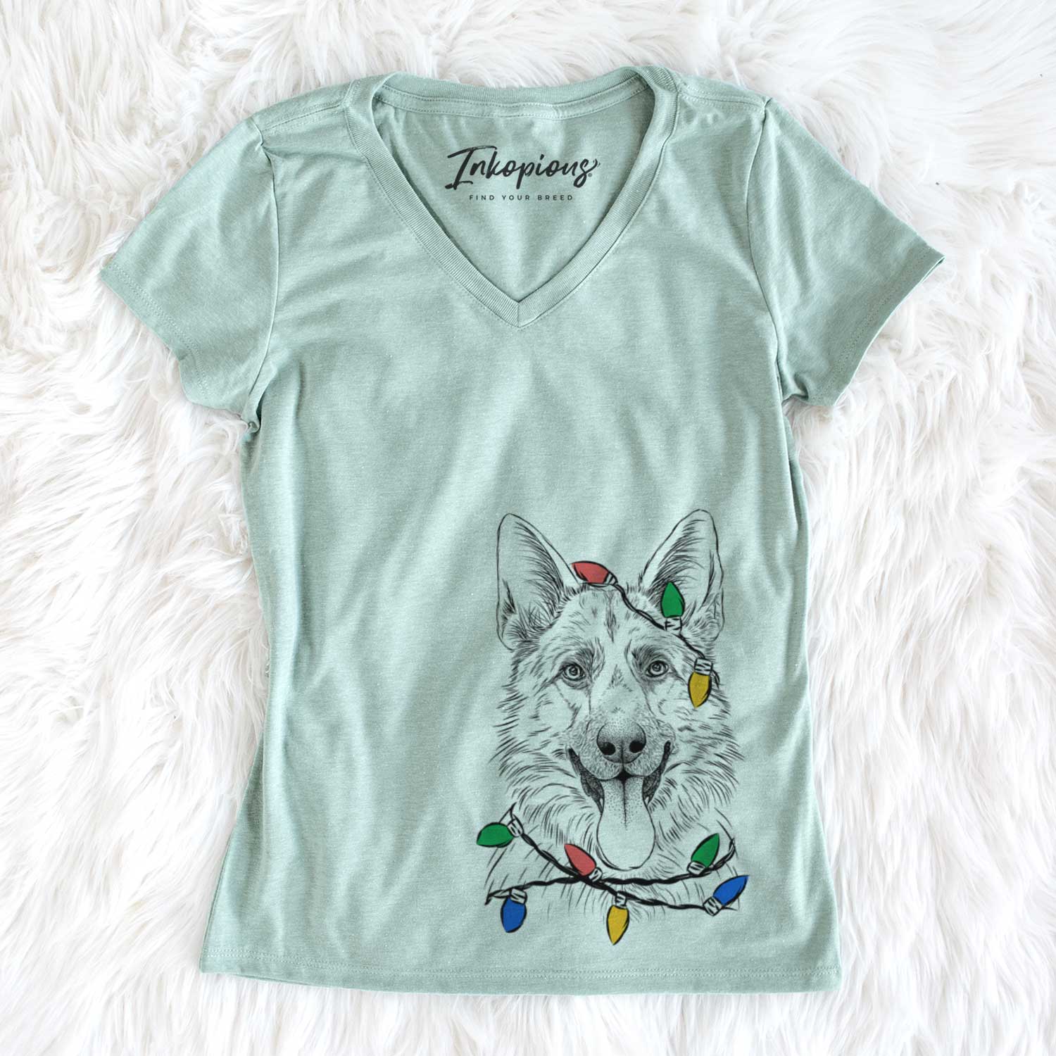 Christmas Lights Grace the German Shepherd - Women's V-neck Shirt