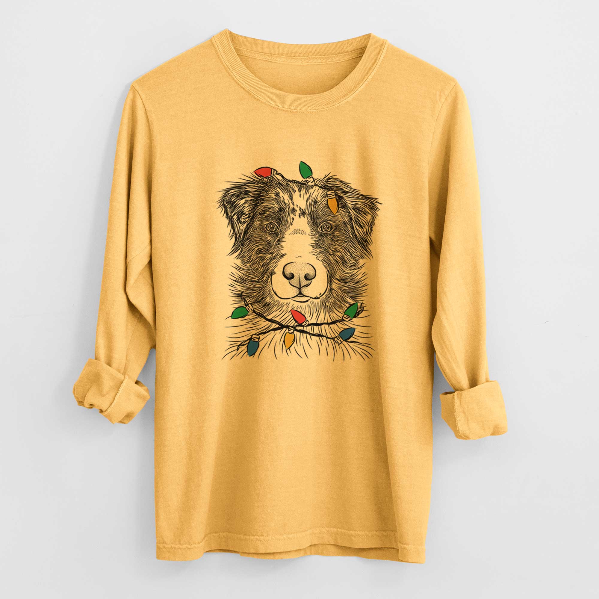 Christmas Lights Gram the Australian Shepherd - Heavyweight 100% Cotton Long Sleeve