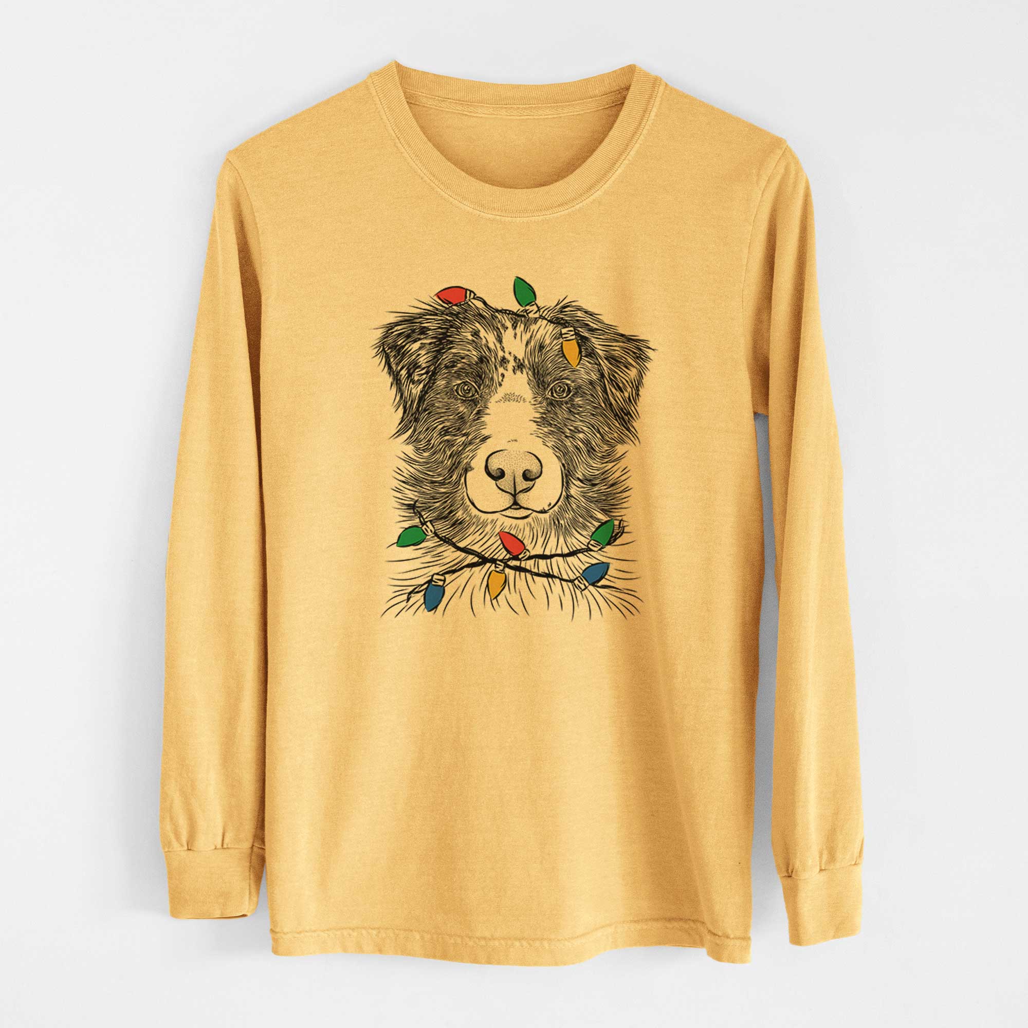 Christmas Lights Gram the Australian Shepherd - Heavyweight 100% Cotton Long Sleeve