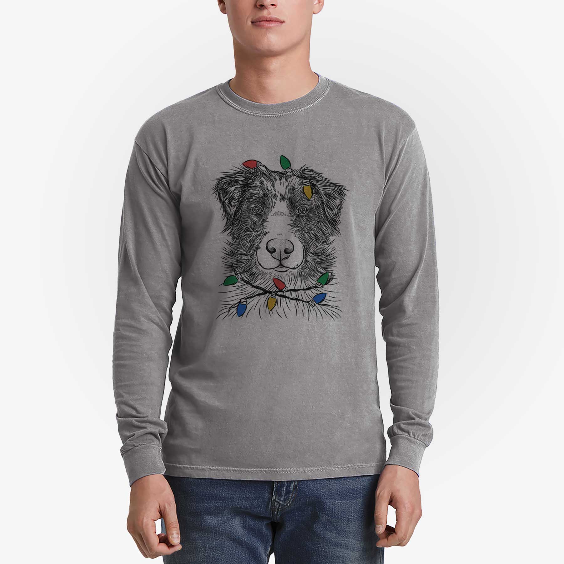 Christmas Lights Gram the Australian Shepherd - Heavyweight 100% Cotton Long Sleeve