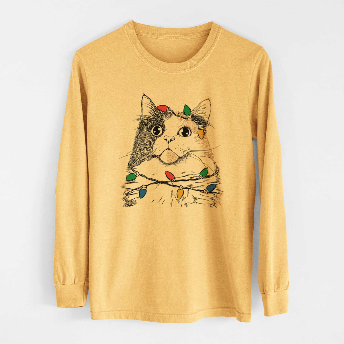 Christmas Lights Greta the Calico Cat - Heavyweight 100% Cotton Long Sleeve
