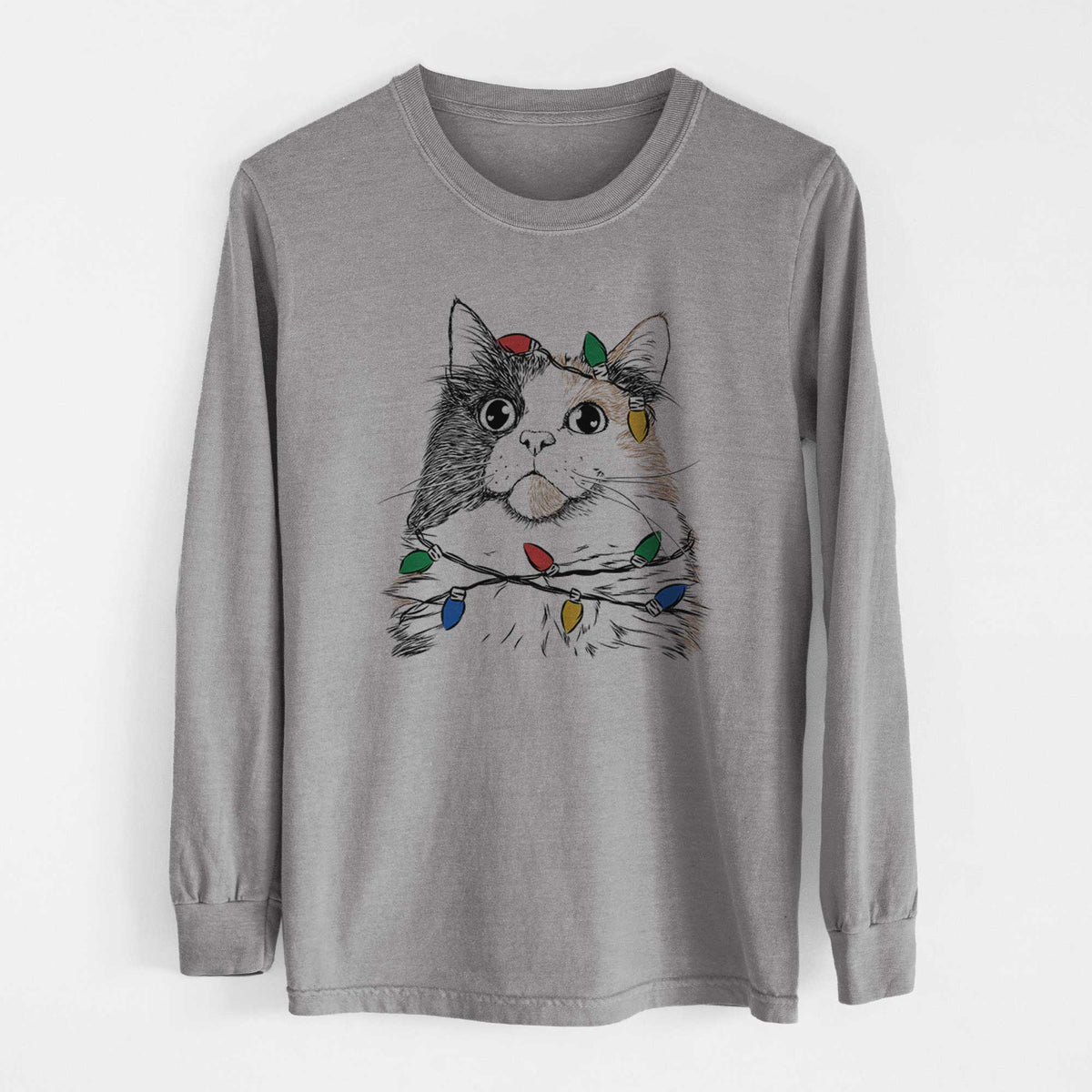 Christmas Lights Greta the Calico Cat - Heavyweight 100% Cotton Long Sleeve