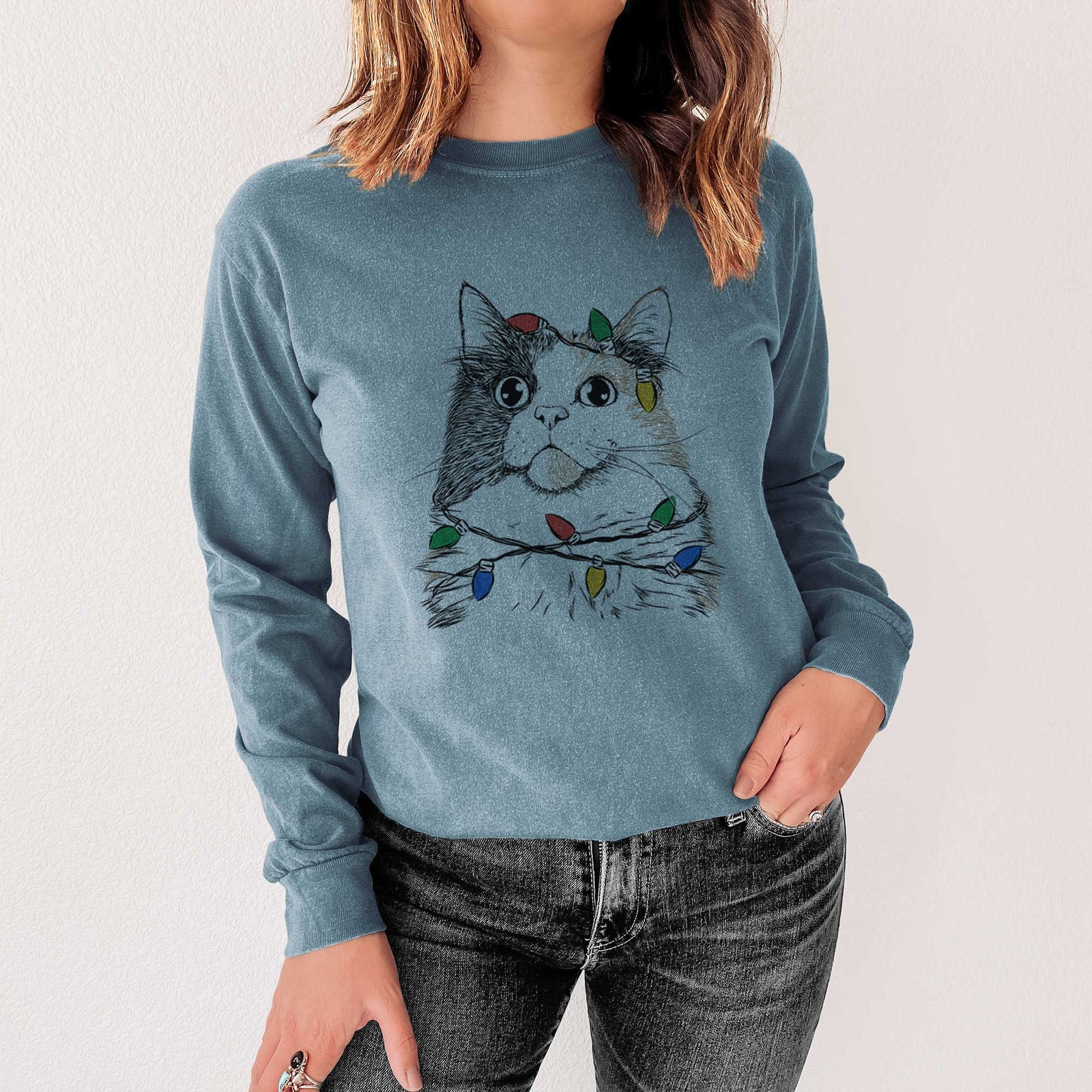 Christmas Lights Greta the Calico Cat - Heavyweight 100% Cotton Long Sleeve