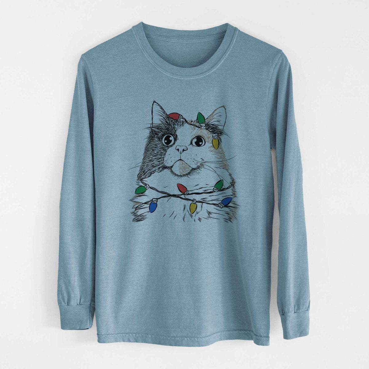 Christmas Lights Greta the Calico Cat - Heavyweight 100% Cotton Long Sleeve