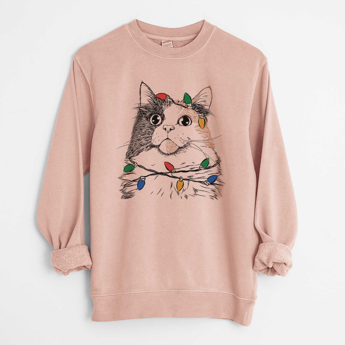 Christmas Lights Greta the Calico Cat - Unisex Pigment Dyed Crew Sweatshirt