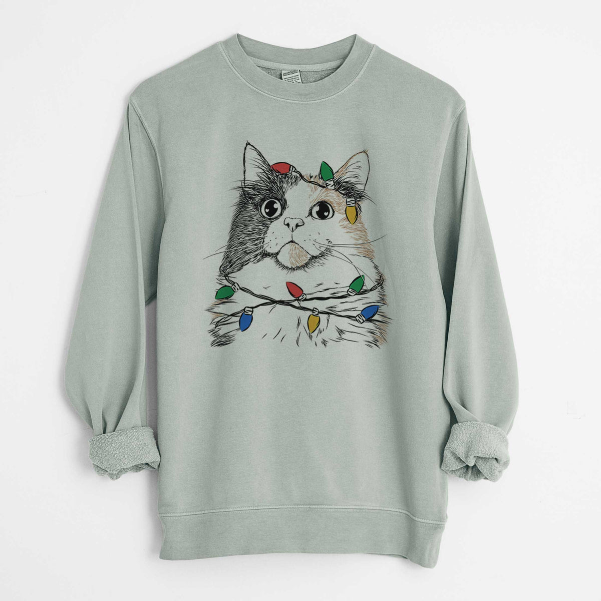 Christmas Lights Greta the Calico Cat - Unisex Pigment Dyed Crew Sweatshirt