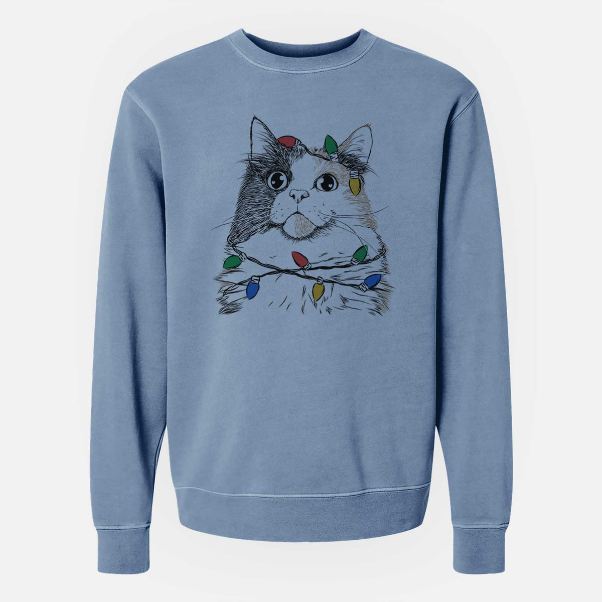 Christmas Lights Greta the Calico Cat - Unisex Pigment Dyed Crew Sweatshirt