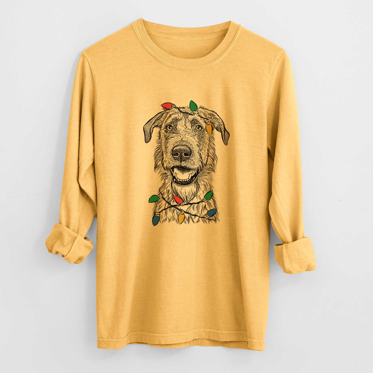 Christmas Lights Griffin the Irish Wolfhound - Heavyweight 100% Cotton Long Sleeve