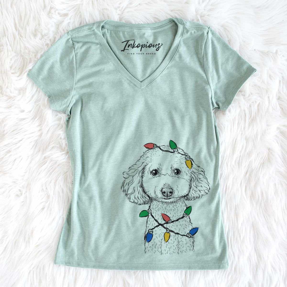 Christmas Lights Guinness the Toy Poodle Mix - Women&#39;s V-neck Shirt