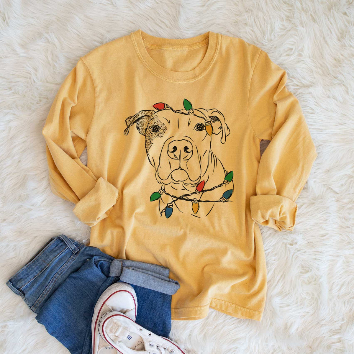 Christmas Lights Gummy the Pitbull - Heavyweight 100% Cotton Long Sleeve