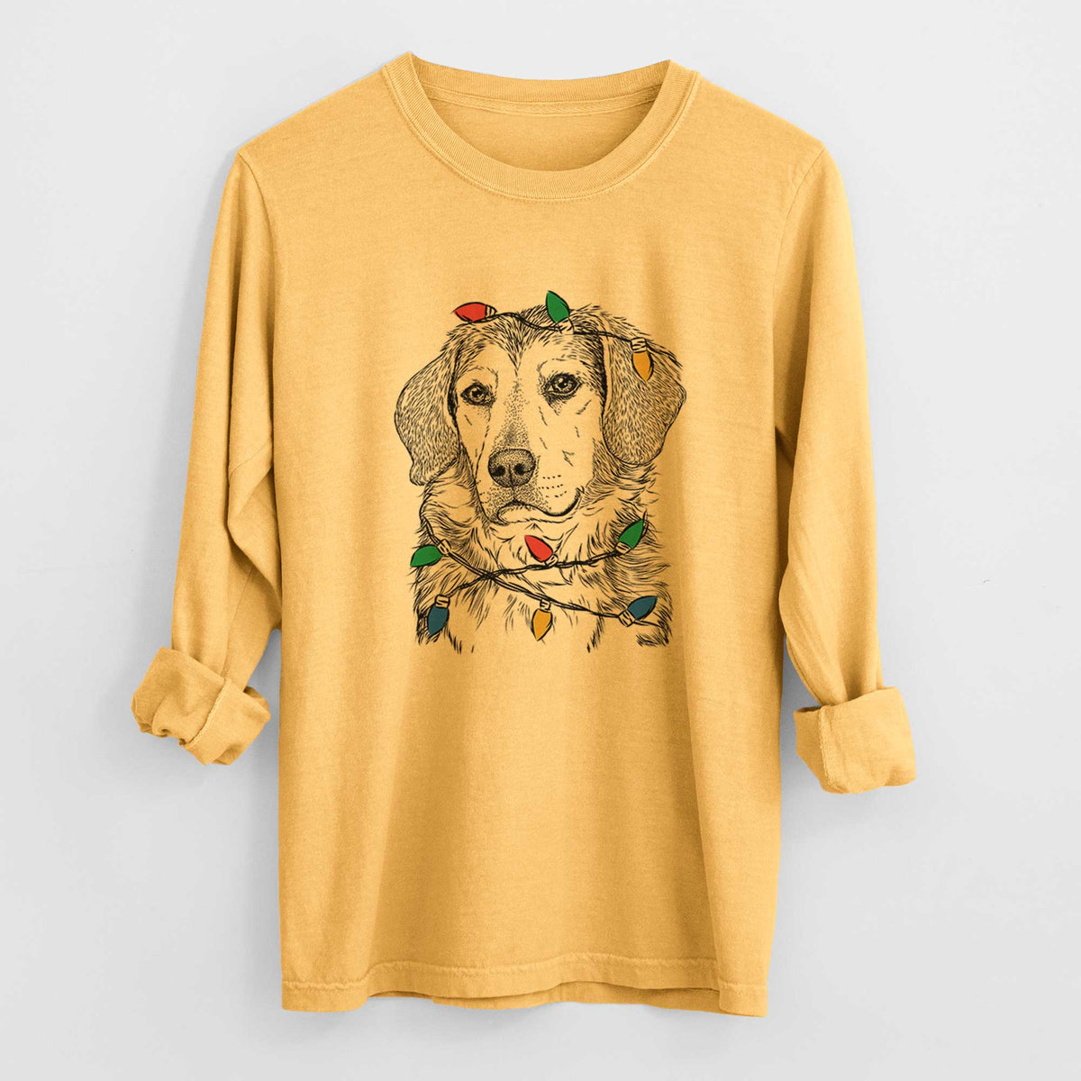 Christmas Lights Gunner the Beagle Mix - Heavyweight 100% Cotton Long Sleeve