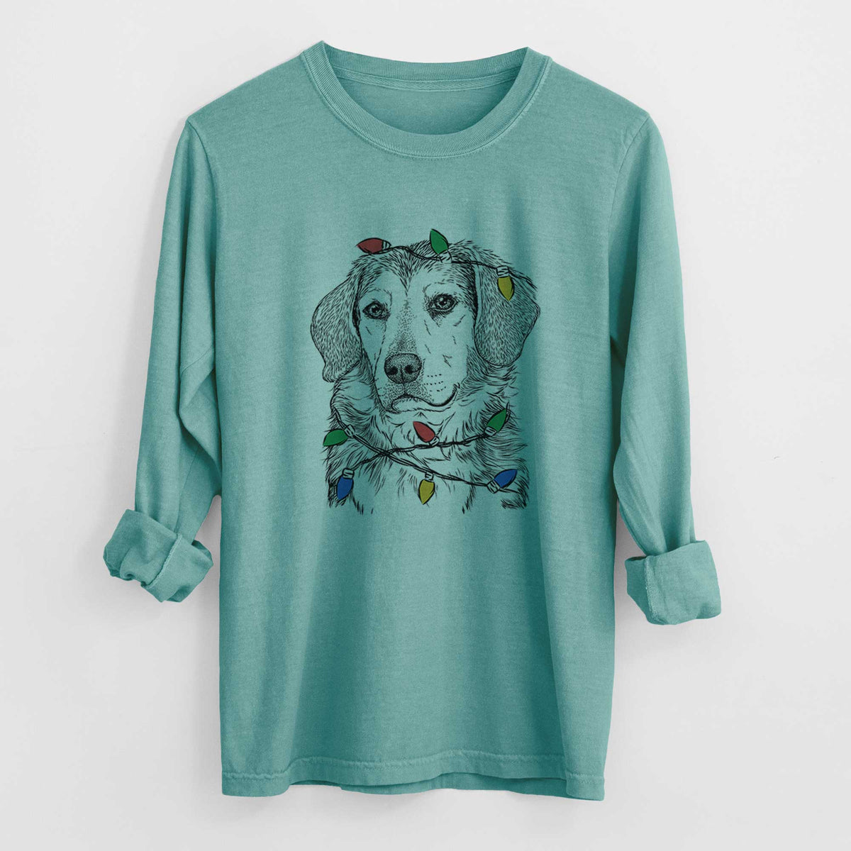 Christmas Lights Gunner the Beagle Mix - Heavyweight 100% Cotton Long Sleeve