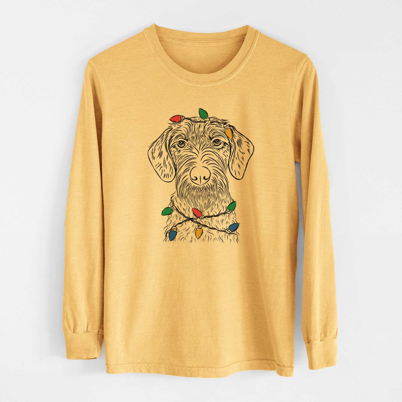 Christmas Lights Gus the German Wirehaired Pointer - Heavyweight 100% Cotton Long Sleeve