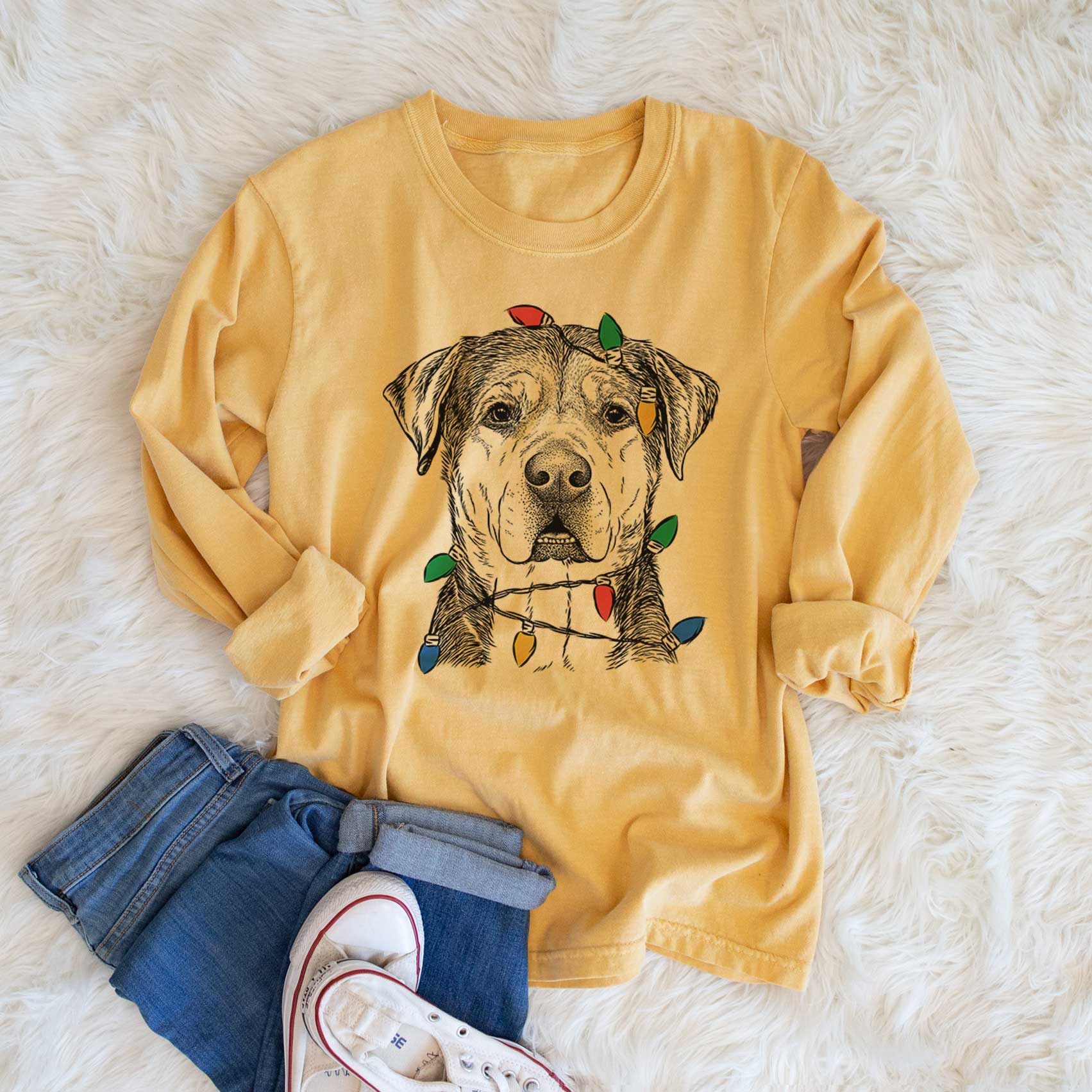 Christmas Lights Gus the Rottweiler Mix - Heavyweight 100% Cotton Long Sleeve