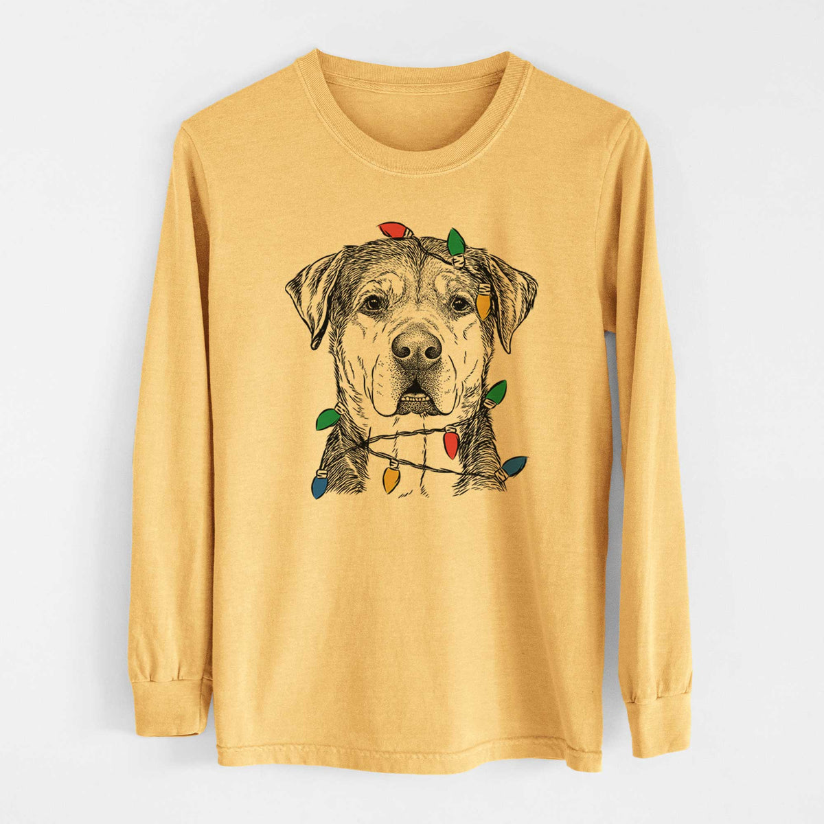 Christmas Lights Gus the Rottweiler Mix - Heavyweight 100% Cotton Long Sleeve