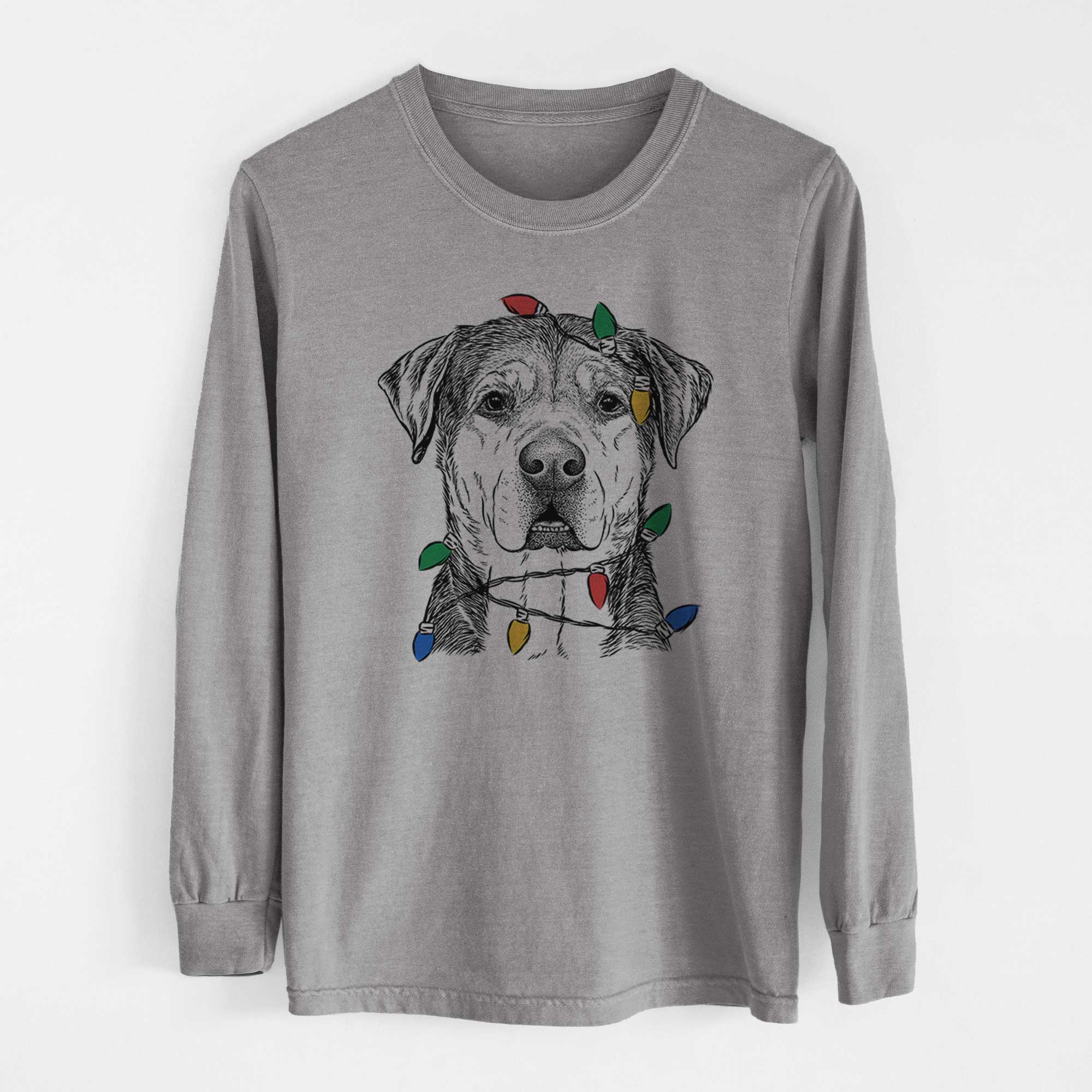 Christmas Lights Gus the Rottweiler Mix - Heavyweight 100% Cotton Long Sleeve