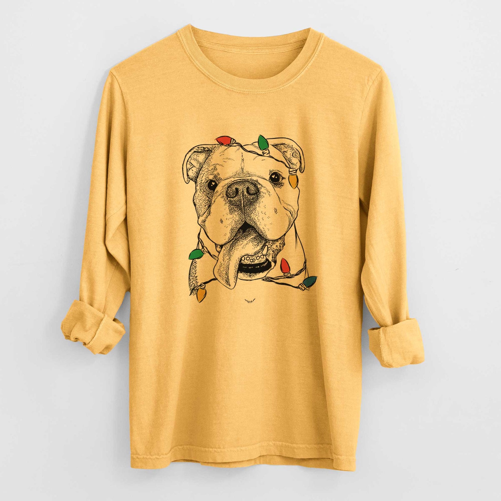 Christmas Lights Hank the English Bulldog - Heavyweight 100% Cotton Long Sleeve