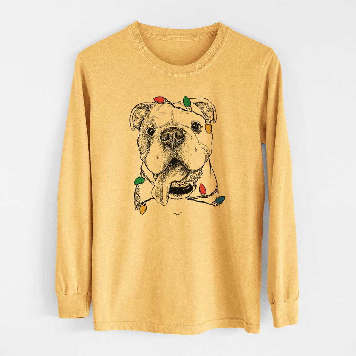 Christmas Lights Hank the English Bulldog - Heavyweight 100% Cotton Long Sleeve