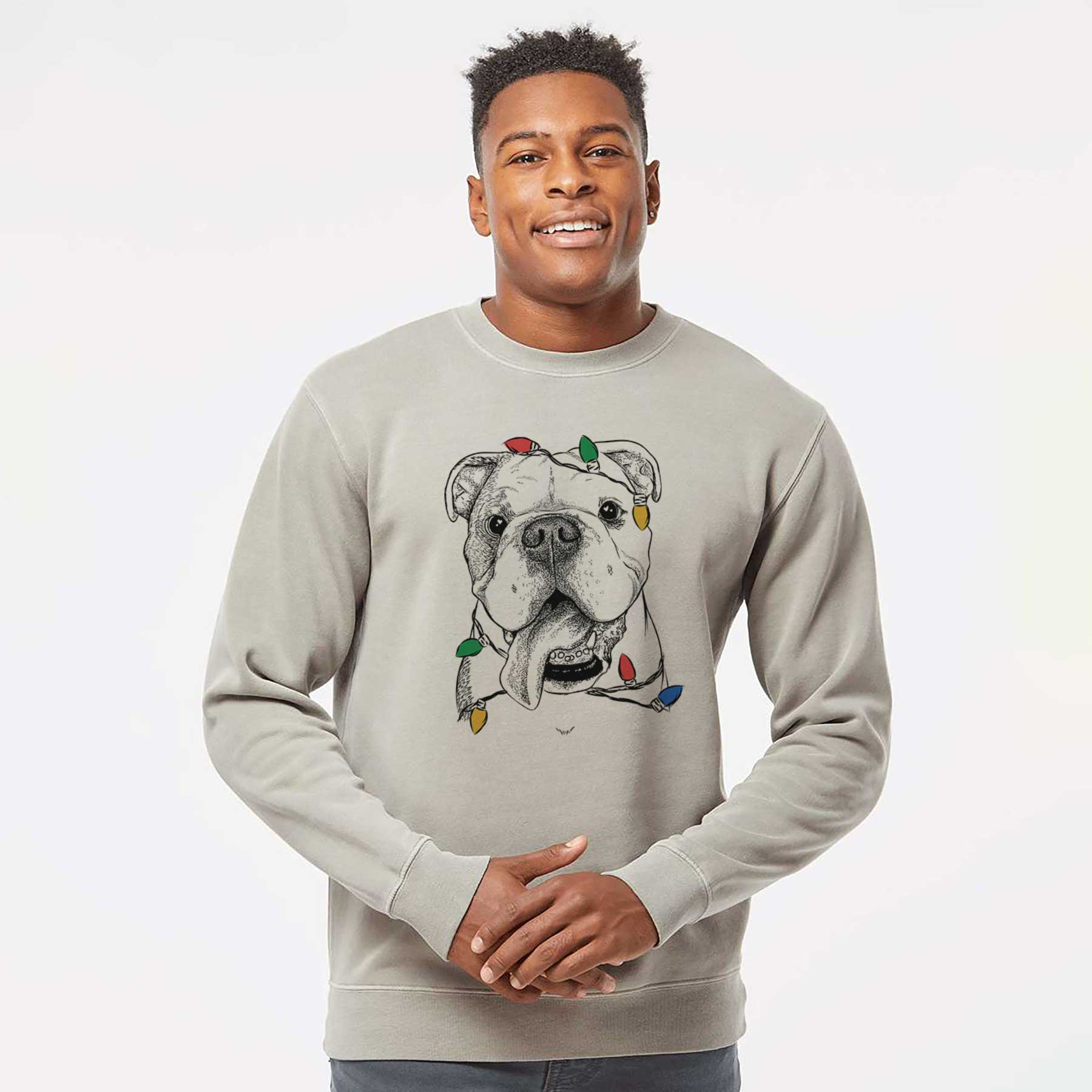 Christmas Lights Hank the English Bulldog - Unisex Pigment Dyed Crew Sweatshirt