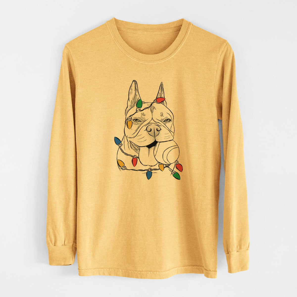 Christmas Lights Happy Franco the French Bulldog - Heavyweight 100% Cotton Long Sleeve