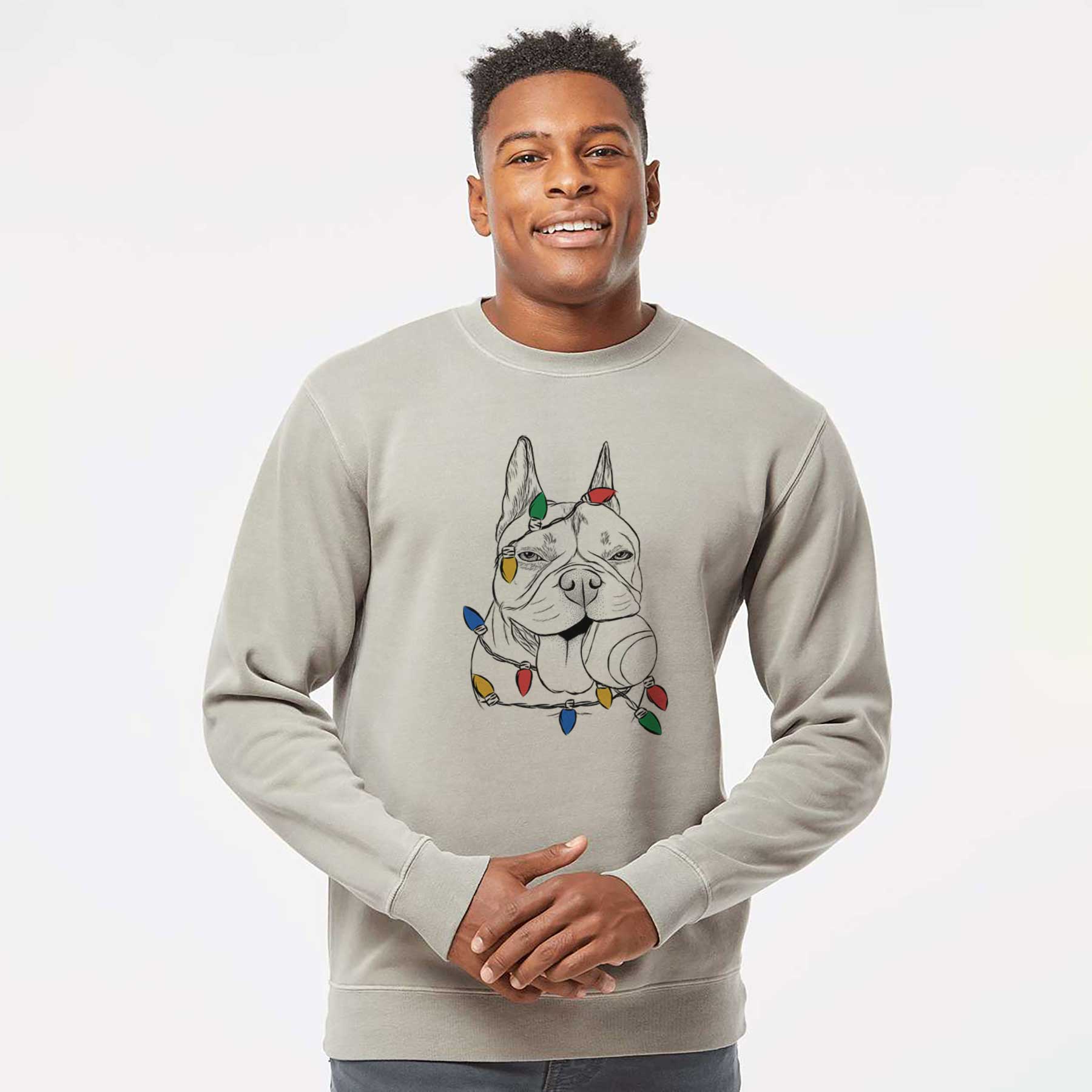 Christmas Lights Happy Franco the French Bulldog - Unisex Pigment Dyed Crew Sweatshirt