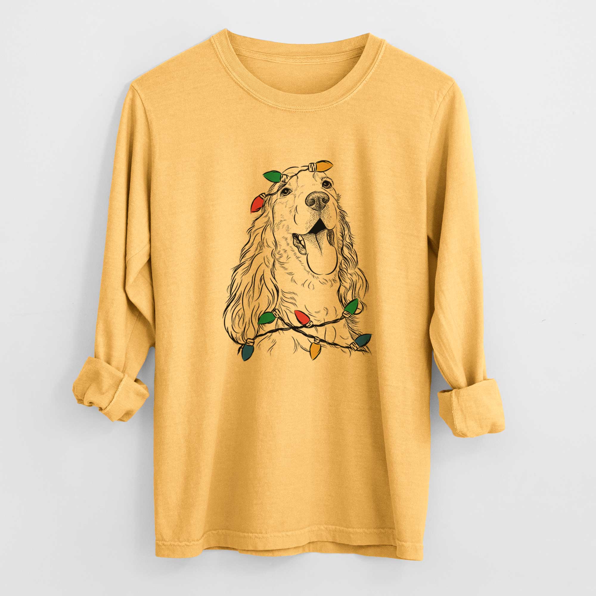 Christmas Lights Happy Henry the English Cocker Spaniel - Heavyweight 100% Cotton Long Sleeve