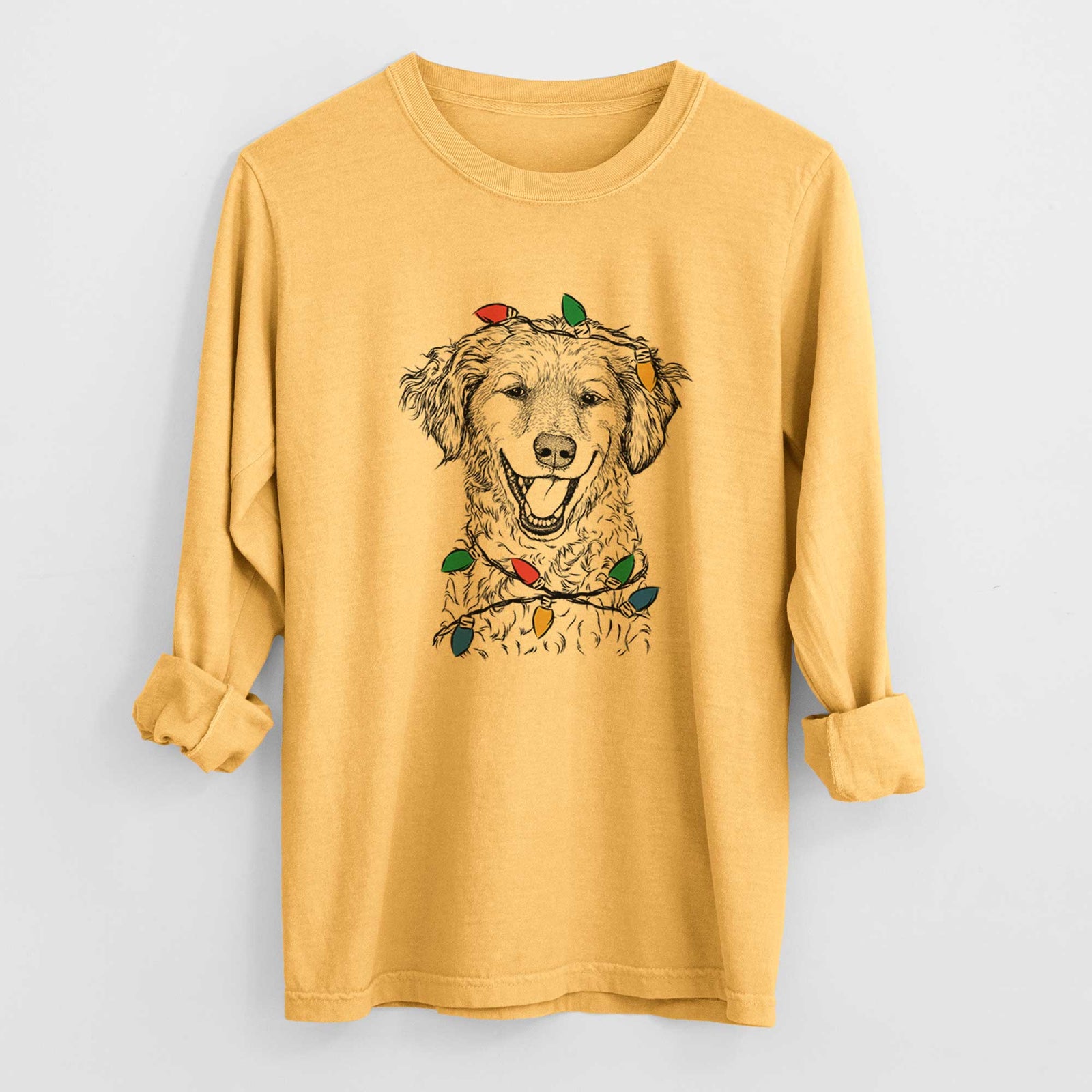 Christmas Lights Happy Otis the Miniature Goldendoodle - Heavyweight 100% Cotton Long Sleeve