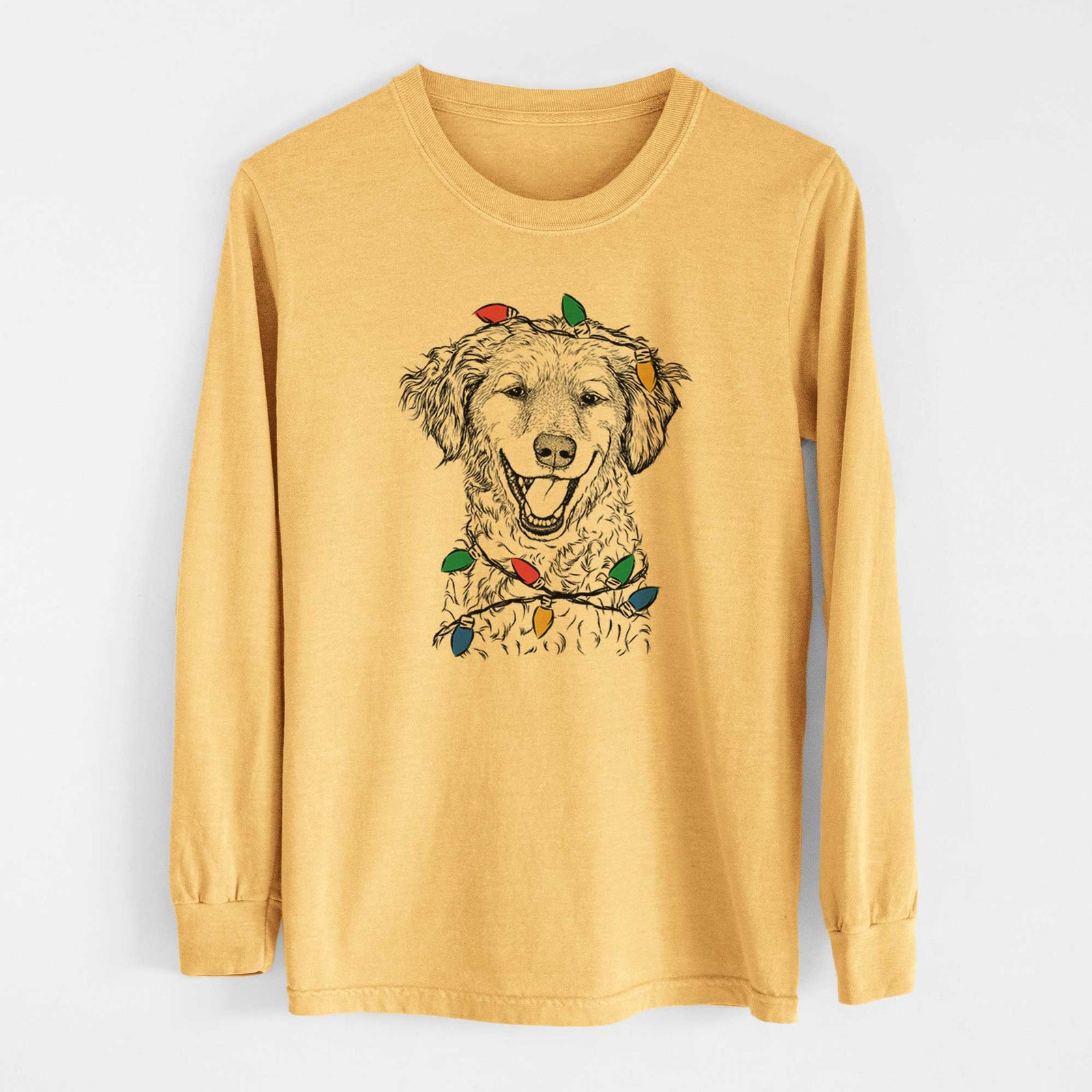 Christmas Lights Happy Otis the Miniature Goldendoodle - Heavyweight 100% Cotton Long Sleeve