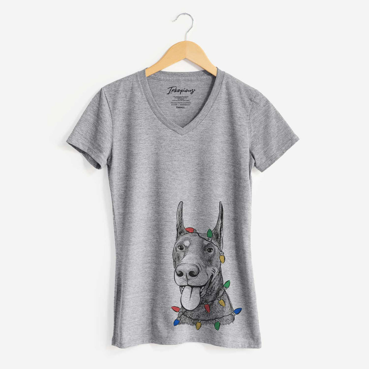 Christmas Lights Happy Sunny the Doberman Pinscher - Women's V-neck Shirt