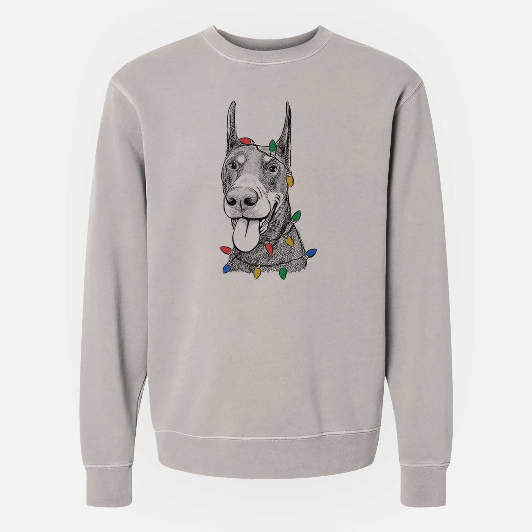 Christmas Lights Happy Sunny the Doberman Pinscher - Unisex Pigment Dyed Crew Sweatshirt