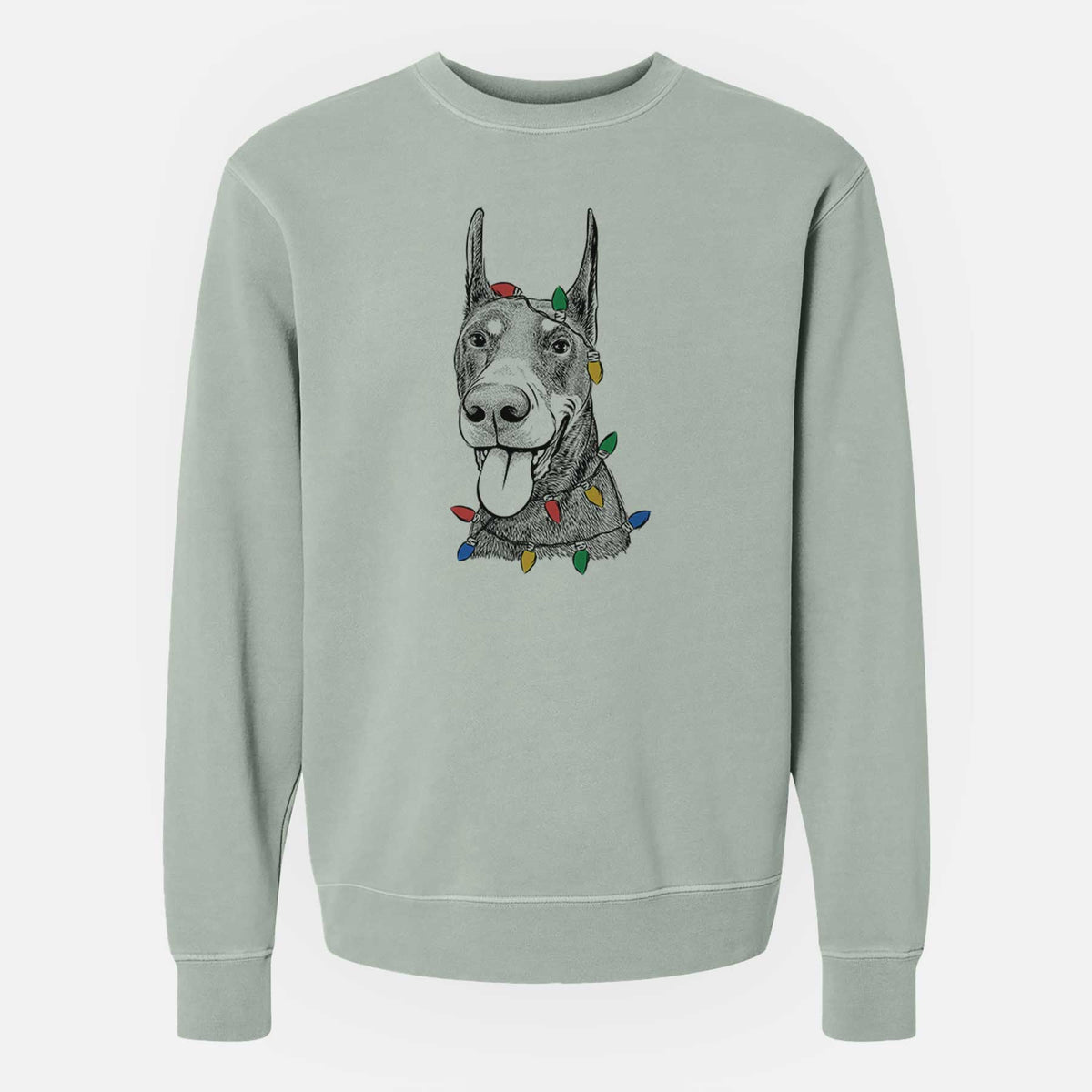 Christmas Lights Happy Sunny the Doberman Pinscher - Unisex Pigment Dyed Crew Sweatshirt