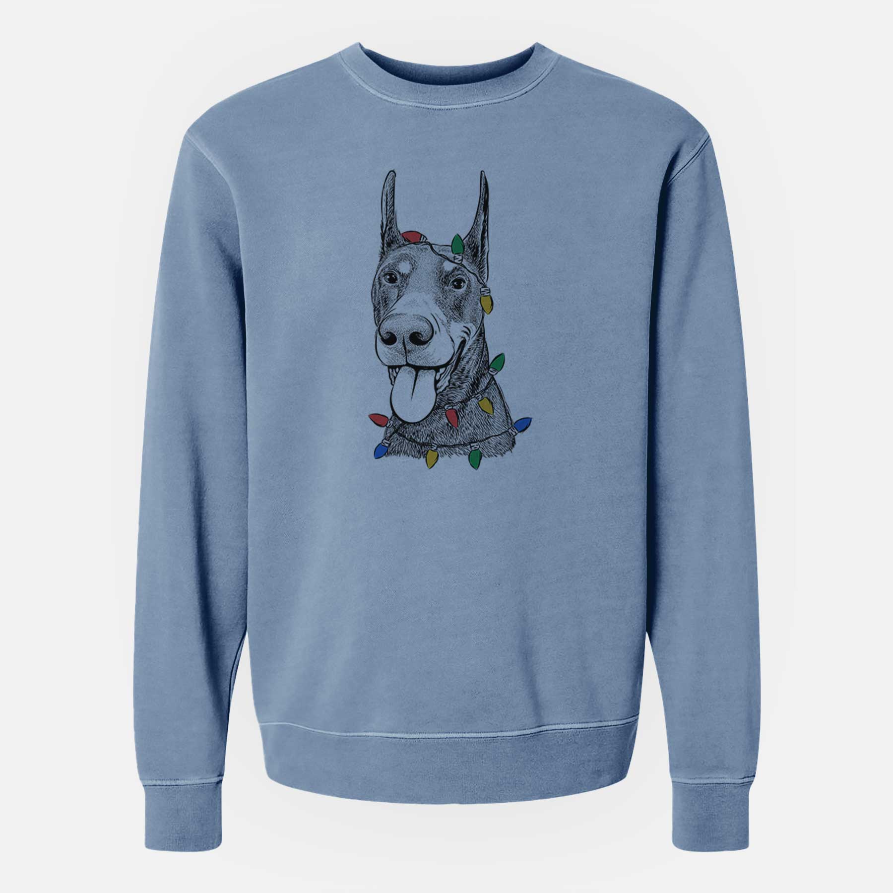 Christmas Lights Happy Sunny the Doberman Pinscher - Unisex Pigment Dyed Crew Sweatshirt