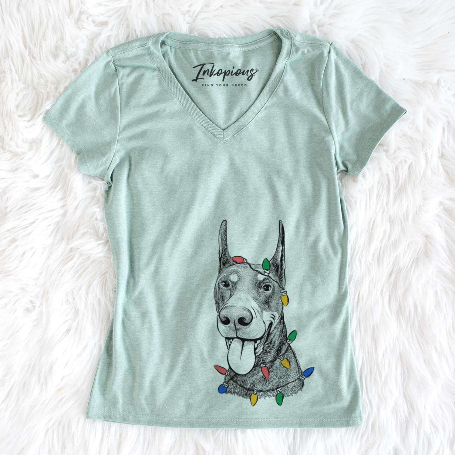 Christmas Lights Happy Sunny the Doberman Pinscher - Women's V-neck Shirt