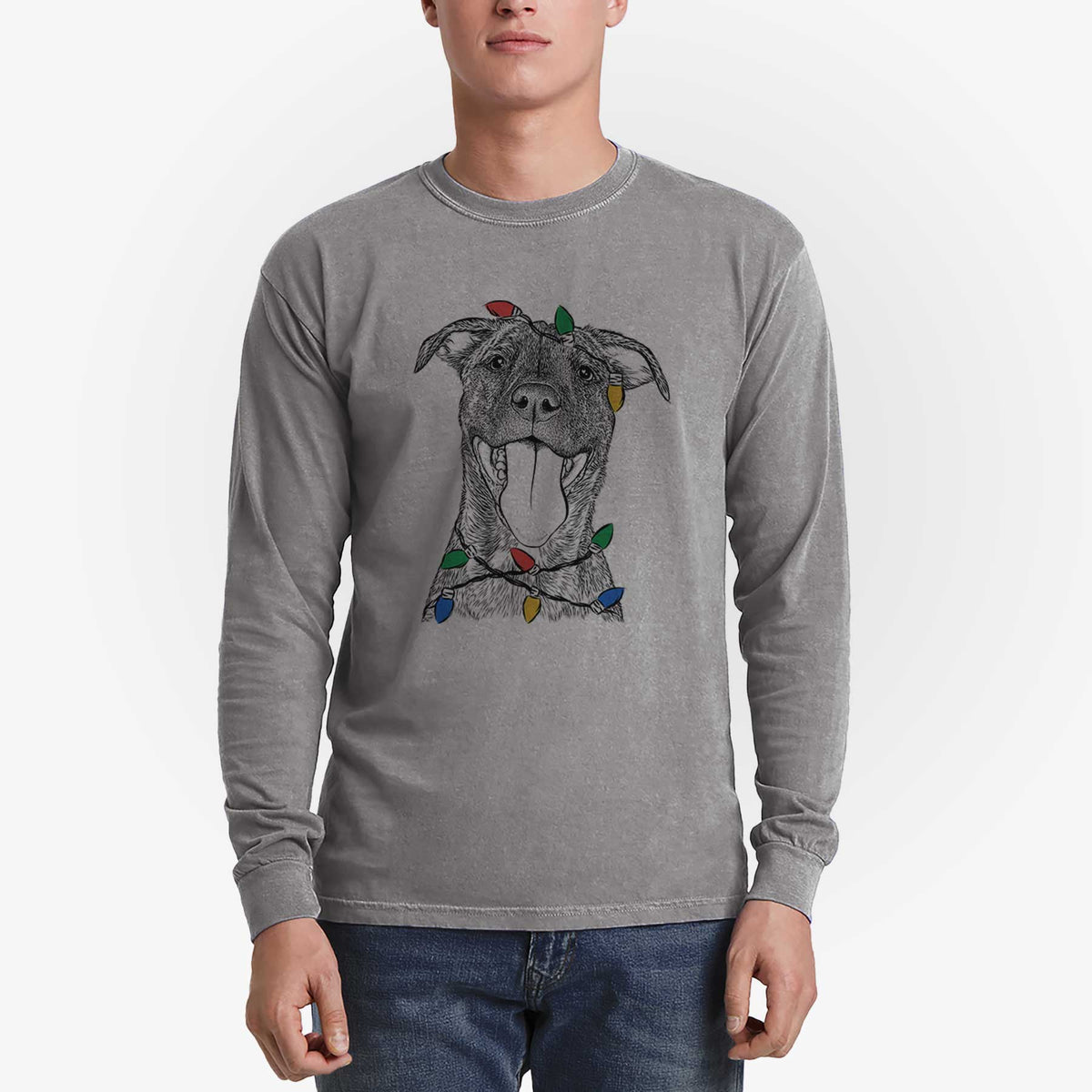Christmas Lights Harley the Pitbull Mix - Heavyweight 100% Cotton Long Sleeve