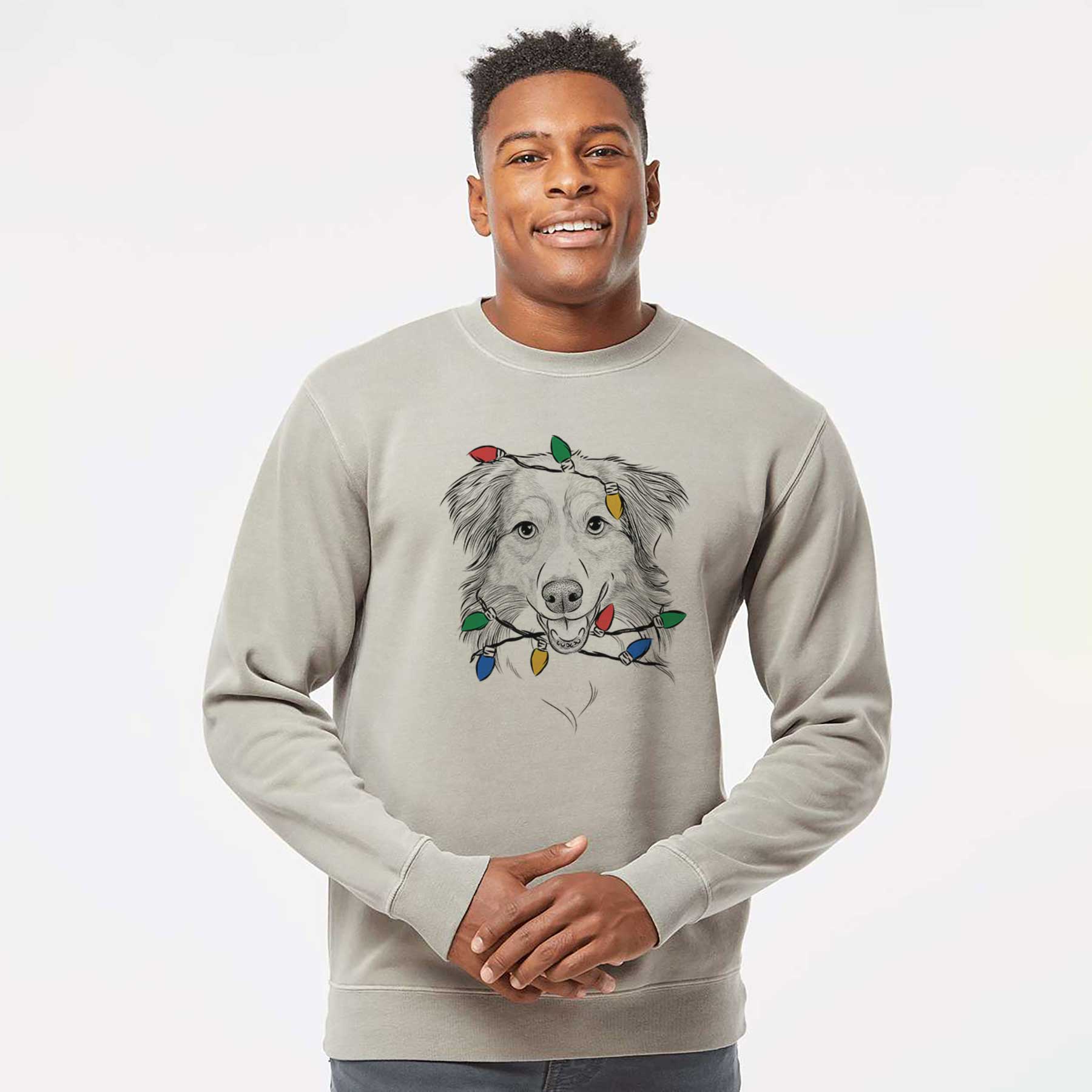 Christmas Lights Hattie the Australian Shepherd - Unisex Pigment Dyed Crew Sweatshirt