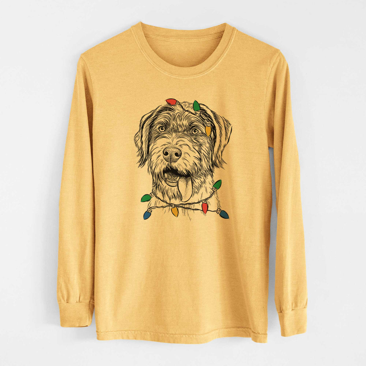 Christmas Lights Hazel the German Wirehaired Pointer Mix - Heavyweight 100% Cotton Long Sleeve
