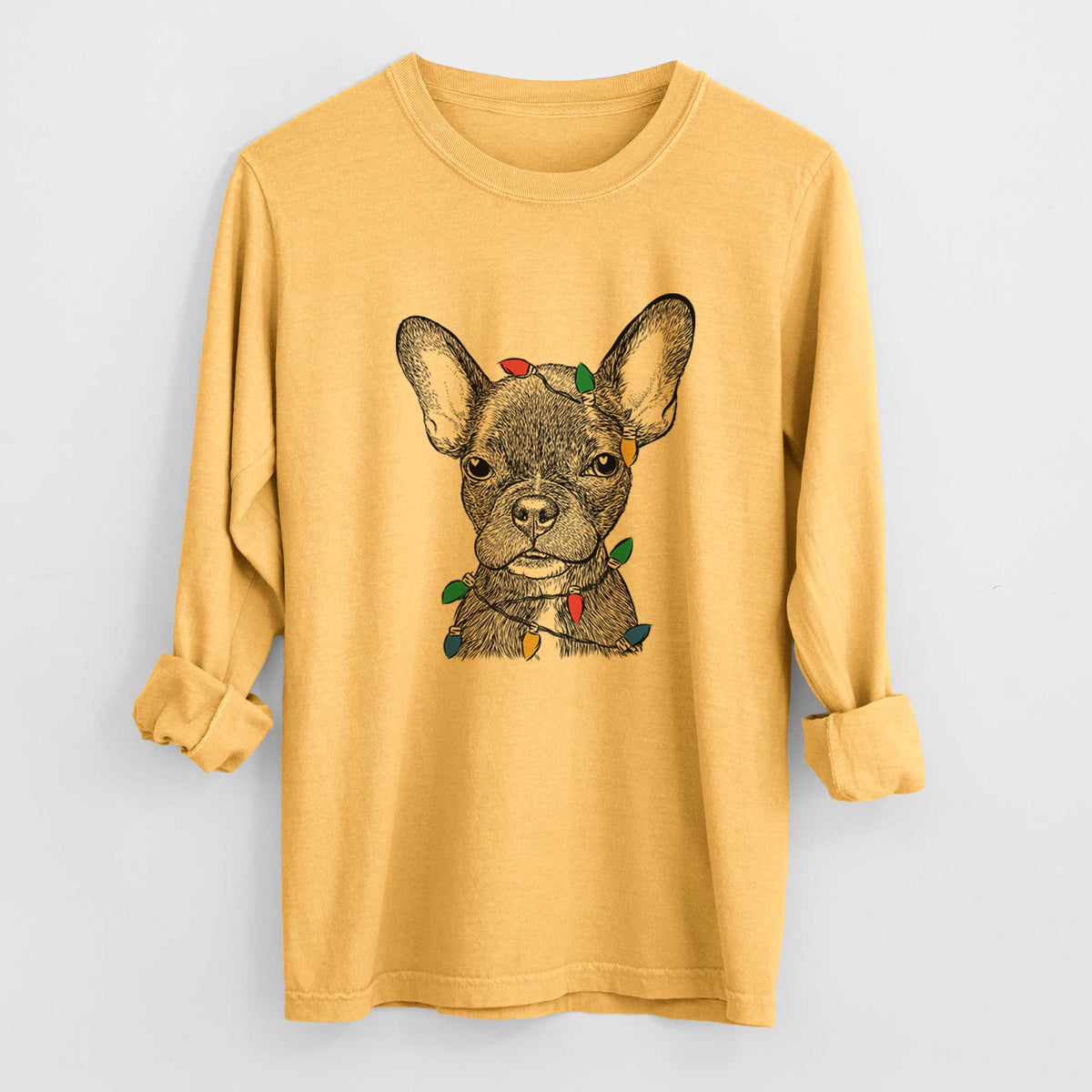 Christmas Lights Henry the French Bulldog - Heavyweight 100% Cotton Long Sleeve