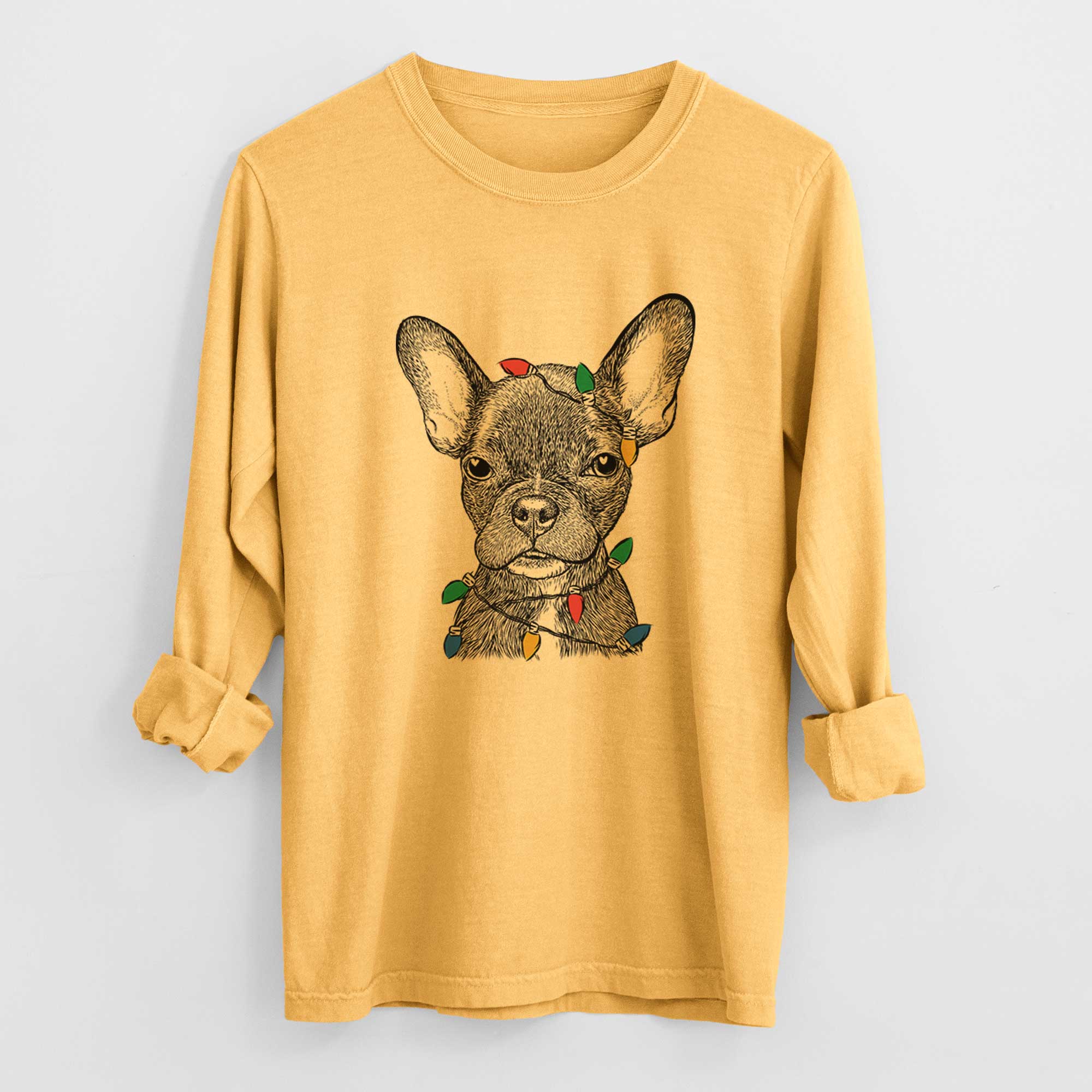 Christmas Lights Henry the French Bulldog - Heavyweight 100% Cotton Long Sleeve