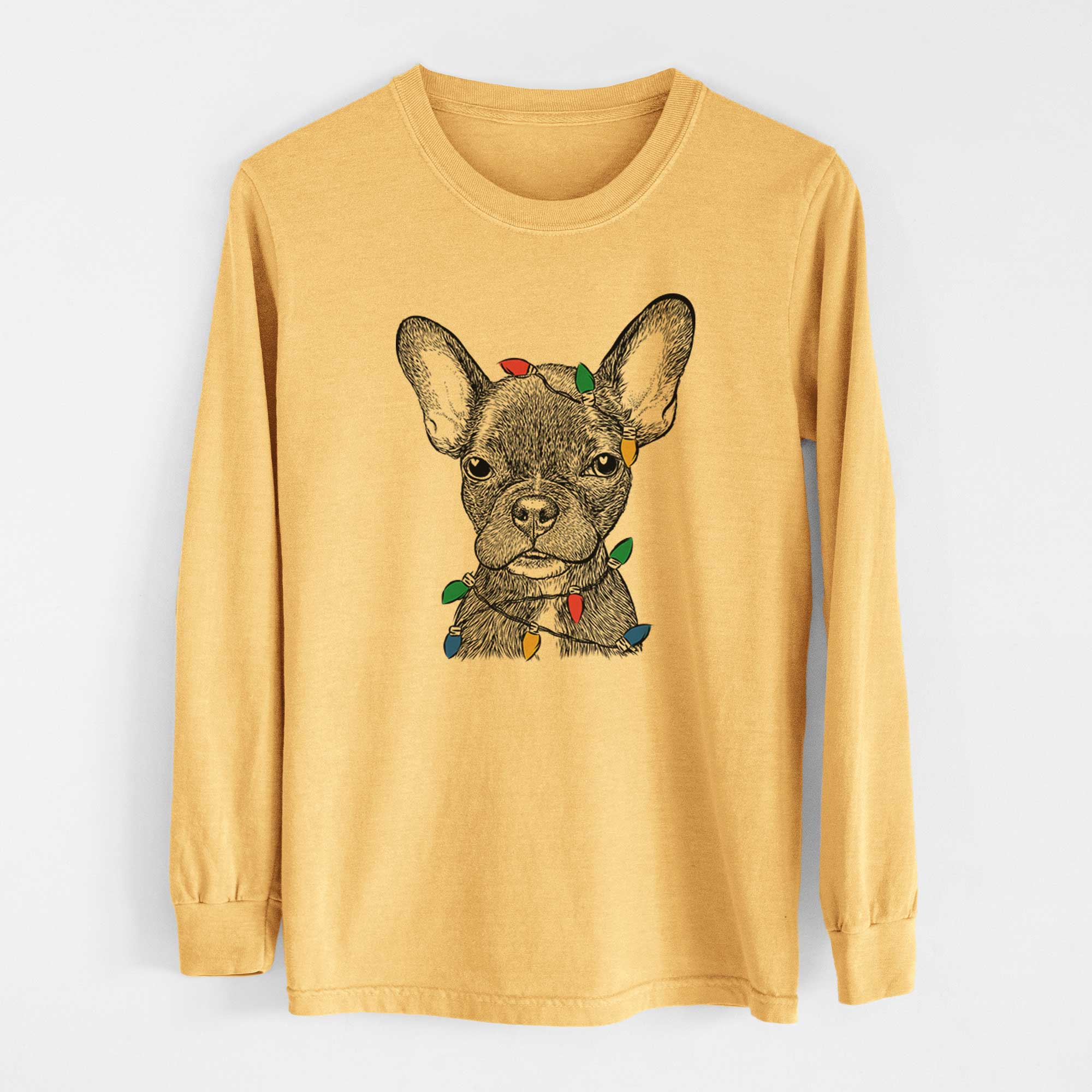Christmas Lights Henry the French Bulldog - Heavyweight 100% Cotton Long Sleeve