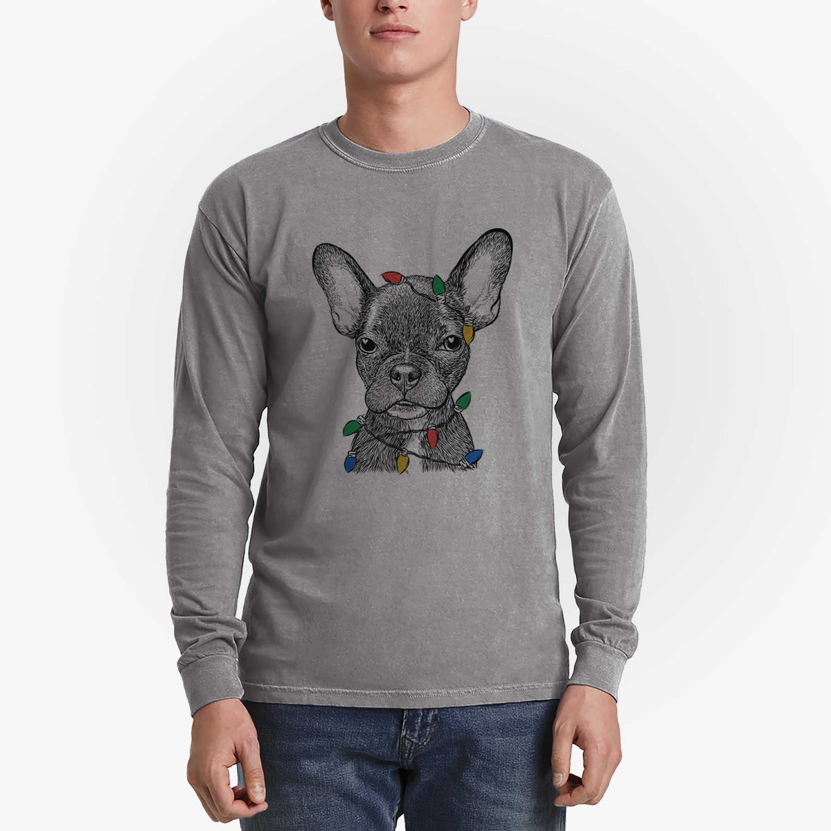 Christmas Lights Henry the French Bulldog - Heavyweight 100% Cotton Long Sleeve