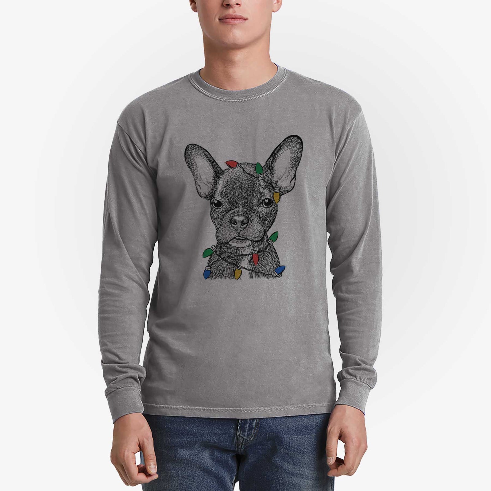 Christmas Lights Henry the French Bulldog - Heavyweight 100% Cotton Long Sleeve