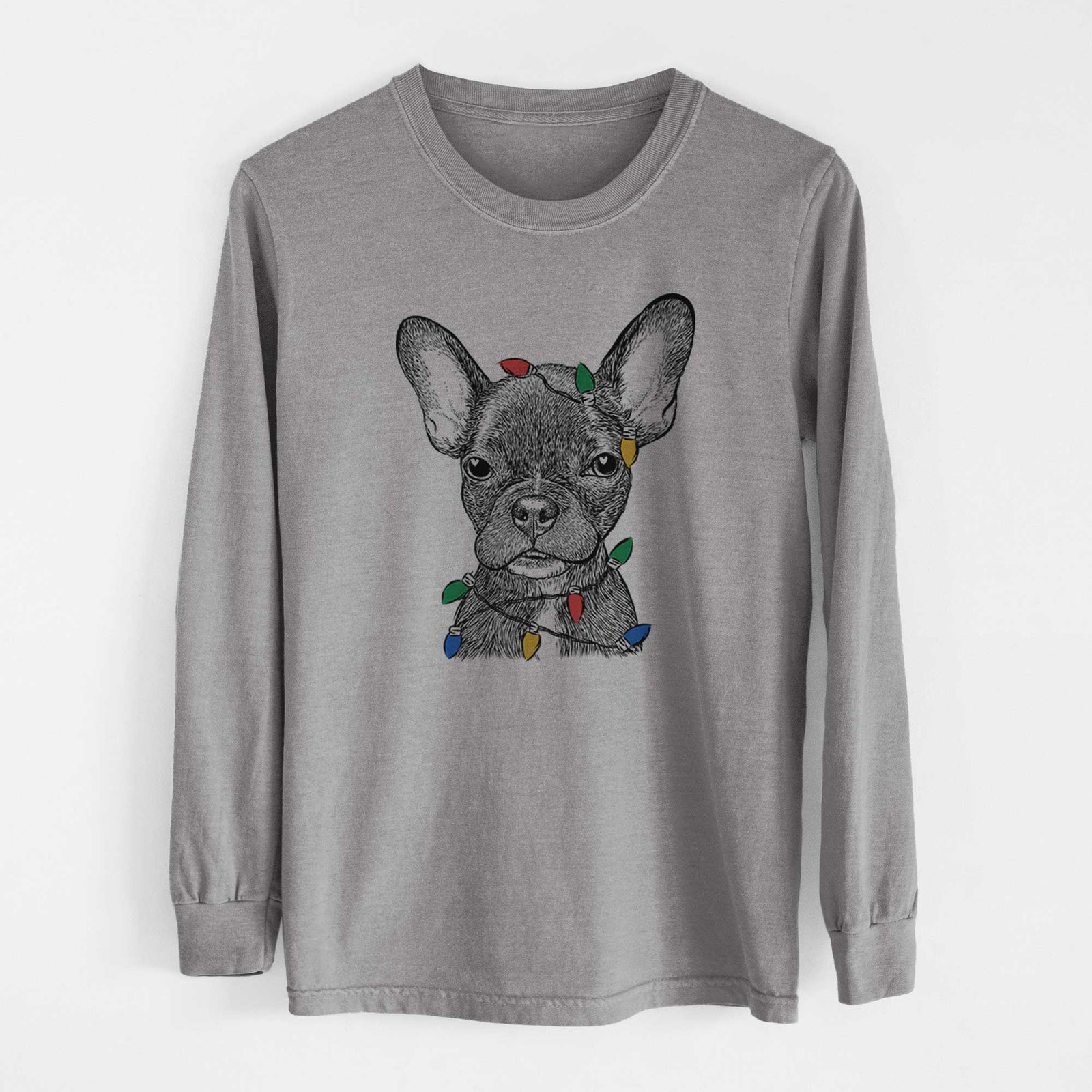 Christmas Lights Henry the French Bulldog - Heavyweight 100% Cotton Long Sleeve