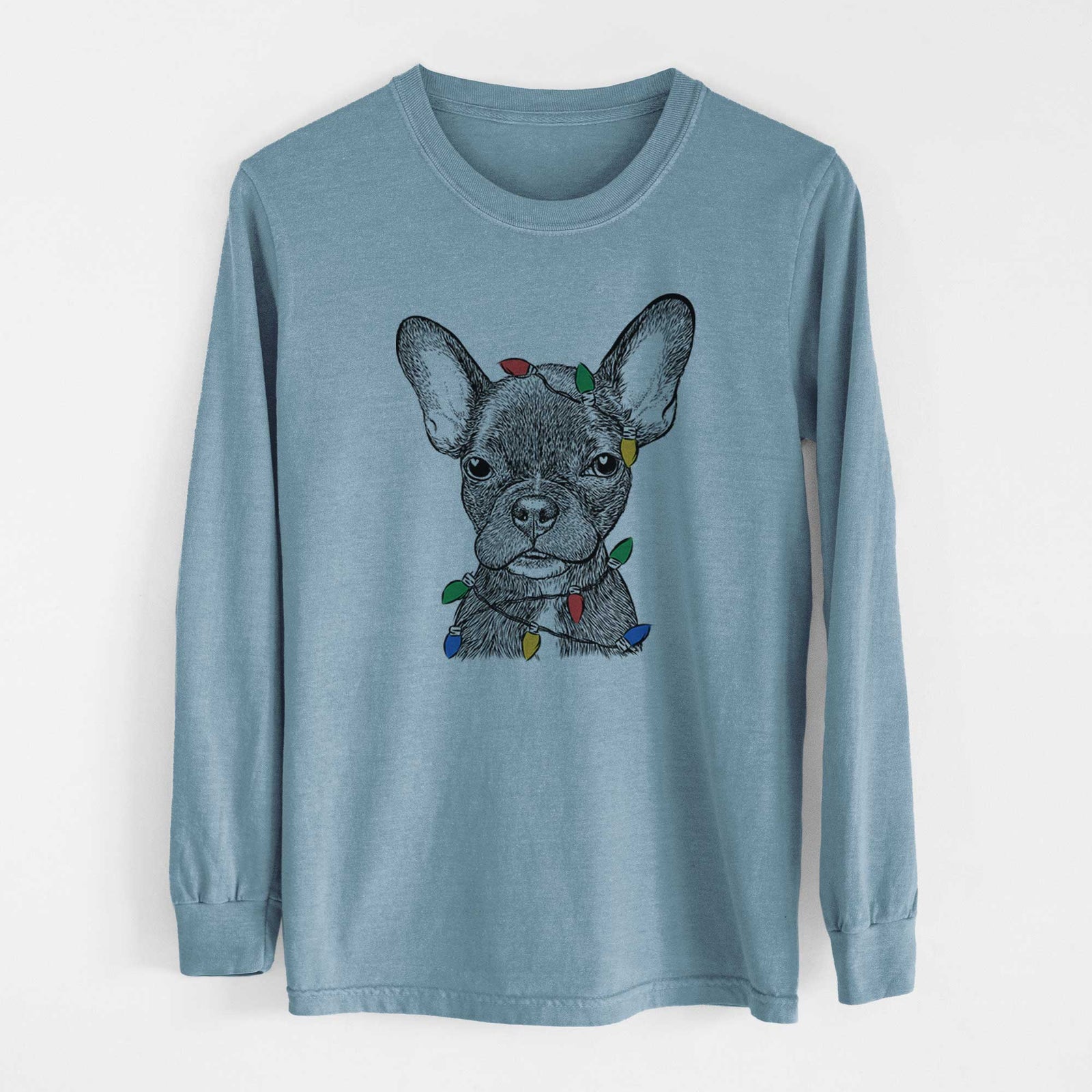 Christmas Lights Henry the French Bulldog - Heavyweight 100% Cotton Long Sleeve