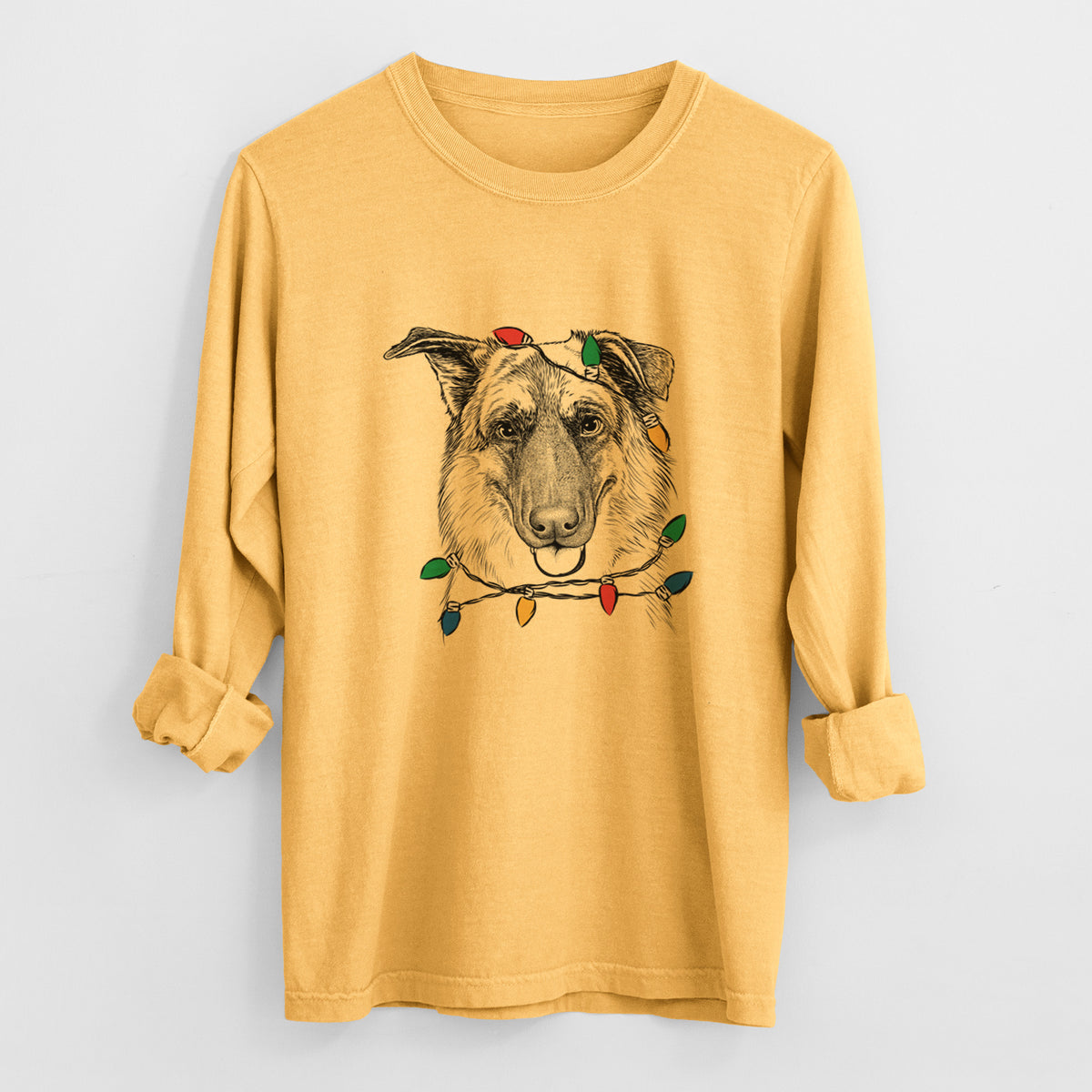 Christmas Lights Henry the German Shepherd - Heavyweight 100% Cotton Long Sleeve