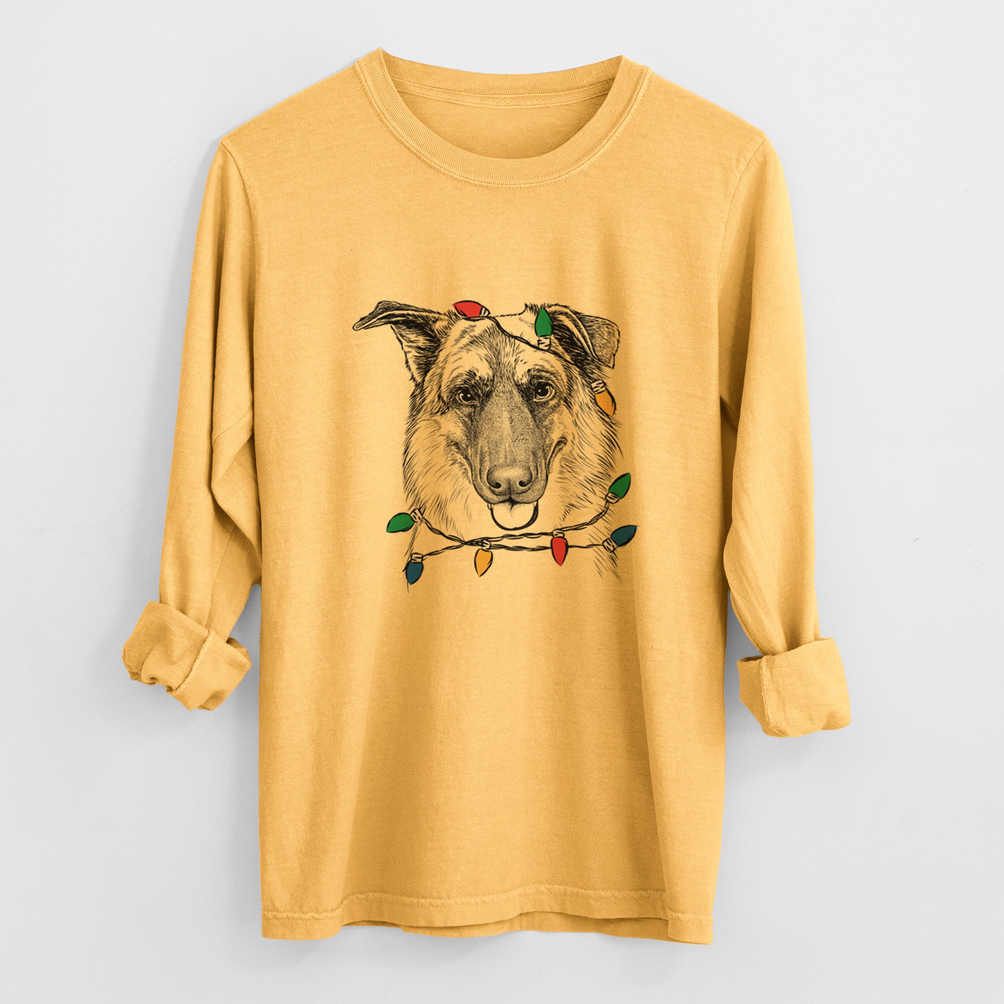 Christmas Lights Henry the German Shepherd - Heavyweight 100% Cotton Long Sleeve