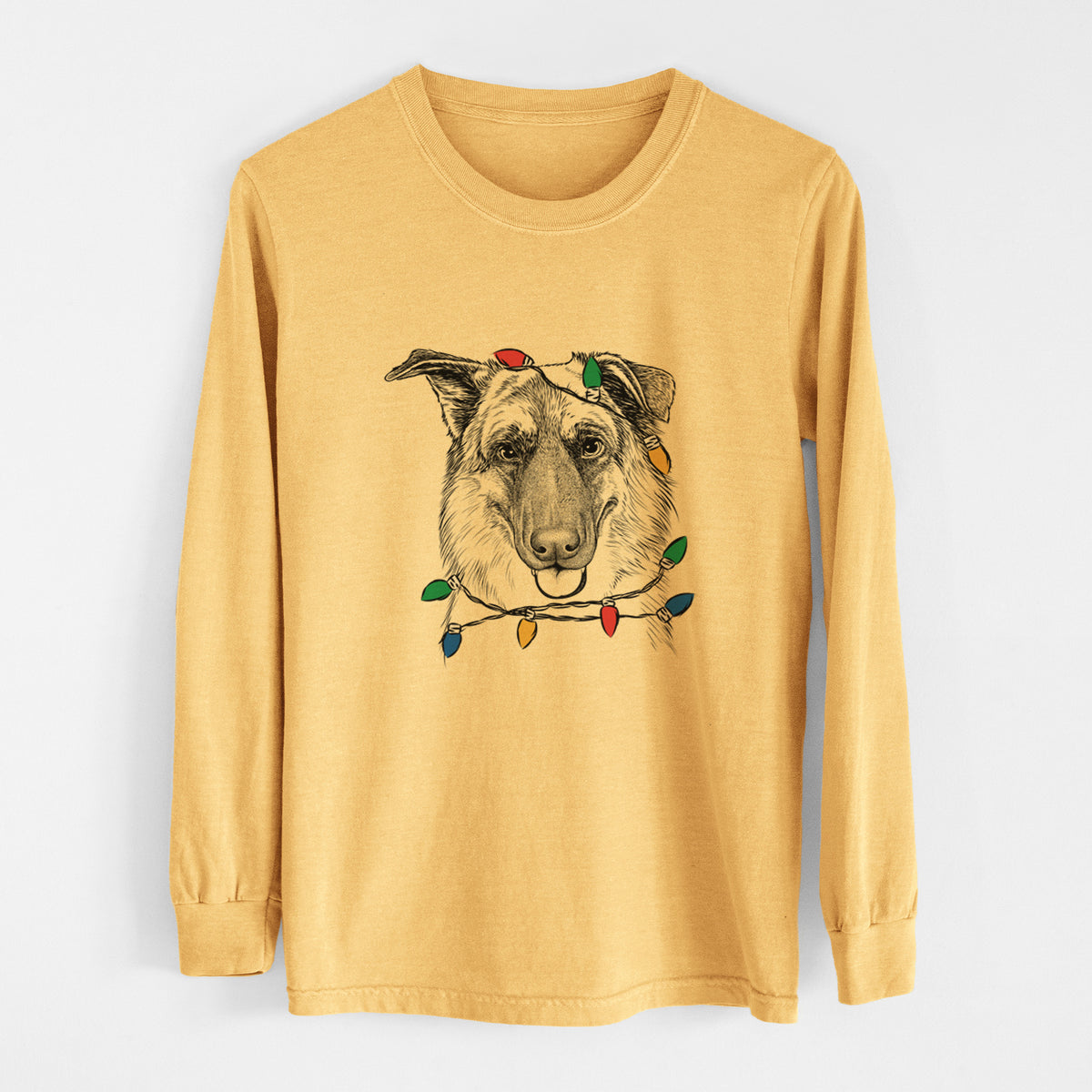 Christmas Lights Henry the German Shepherd - Heavyweight 100% Cotton Long Sleeve