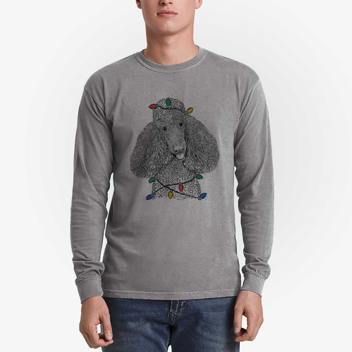 Christmas Lights Henry the Standard Poodle - Heavyweight 100% Cotton Long Sleeve