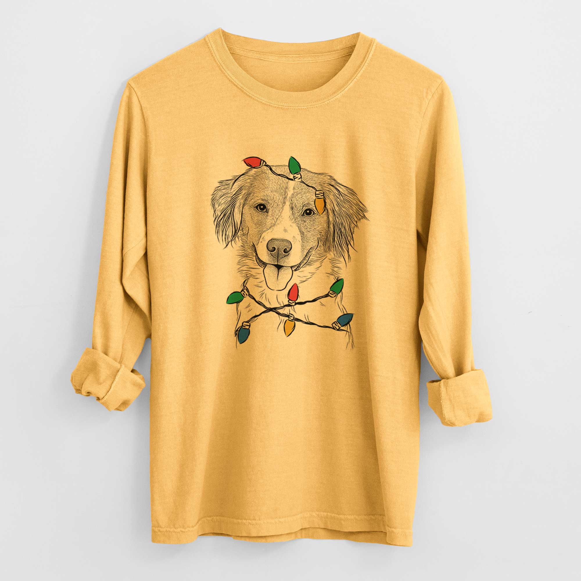 Christmas Lights Hercules the Nederlandse Kooikerhondje - Heavyweight 100% Cotton Long Sleeve